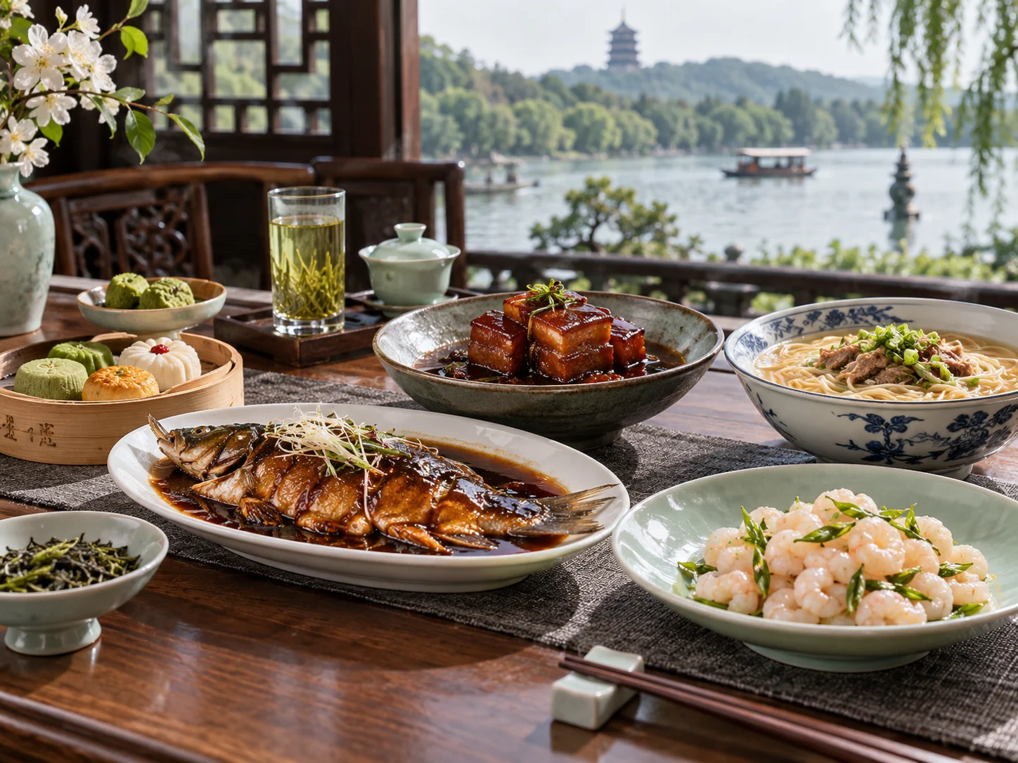 A full Hangzhou banquet by West Lake with West Lake vinegar fish, Dongpo pork, Longjing shrimp, Pian'er Chuan noodles, green tea and pastries on a wooden table