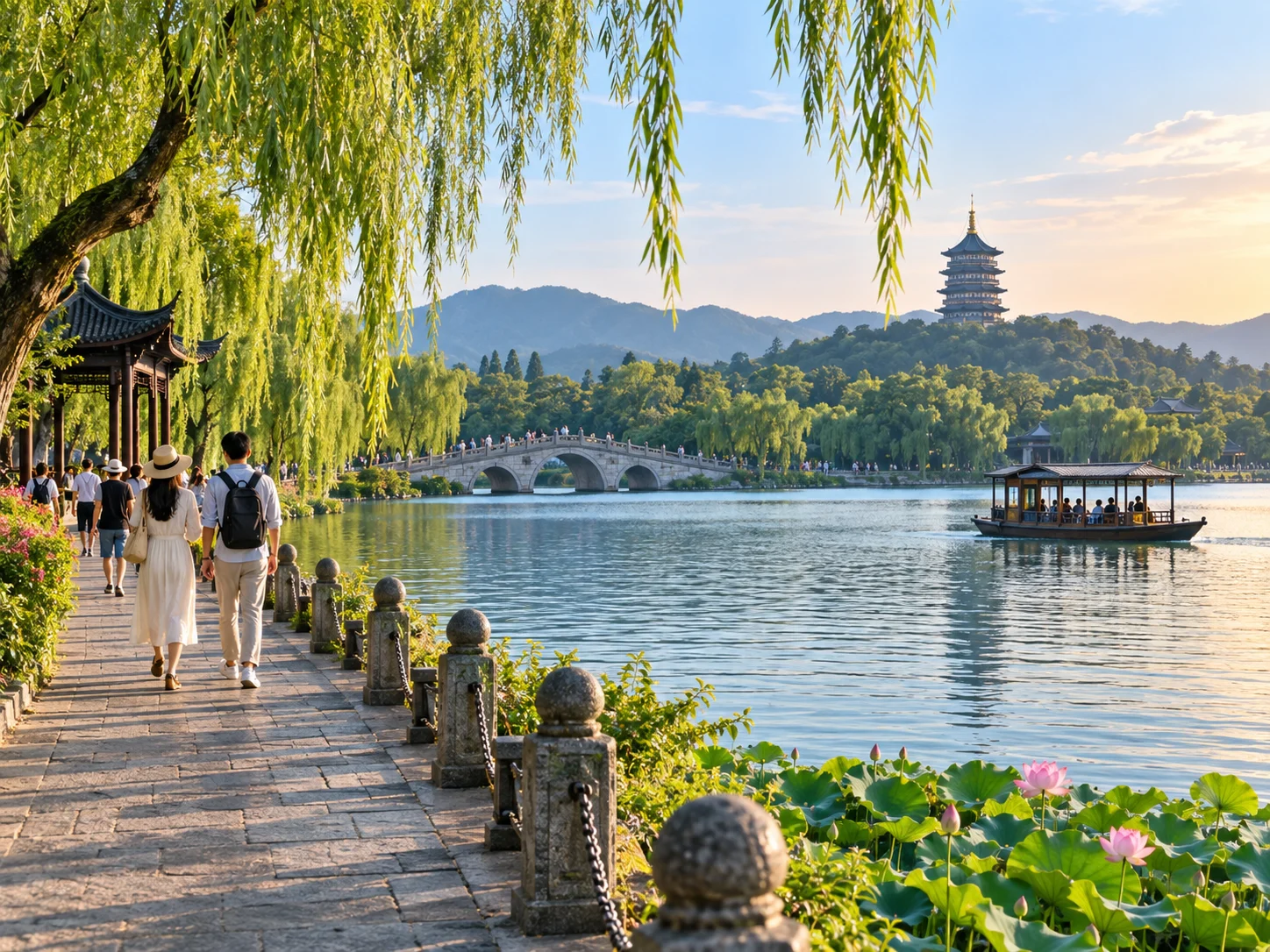 A couple walking along the West Lake causeway with weeping willows, the Broken Bridge, Leifeng Pagoda and a wooden boat on the calm water
