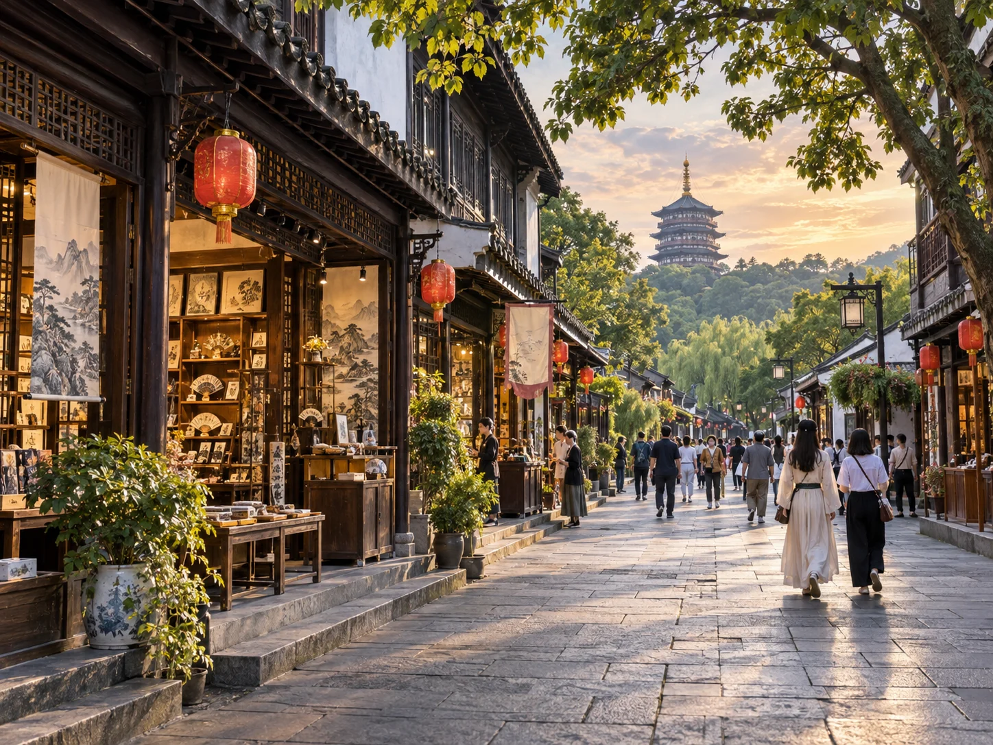 Hefang Street and the Southern Song Imperial Street at dusk with wooden shopfronts, red lanterns, calligraphy scrolls and Leifeng Pagoda in the distance