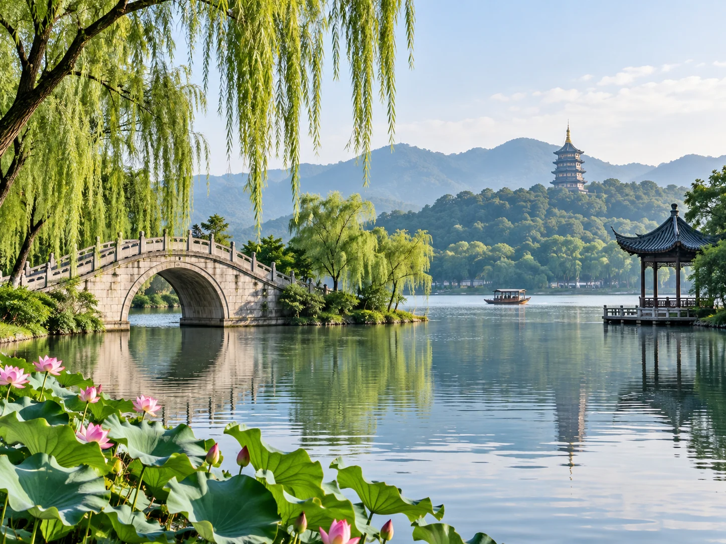 West Lake with the Broken Bridge, lotus flowers, weeping willows, a wooden pavilion and Leifeng Pagoda reflected in the calm water