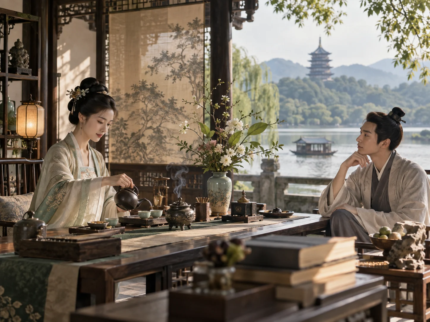 A Song-dynasty style tea ceremony by the lake with hanfu-dressed hosts, porcelain tea ware, flower arrangement and Leifeng Pagoda in the background