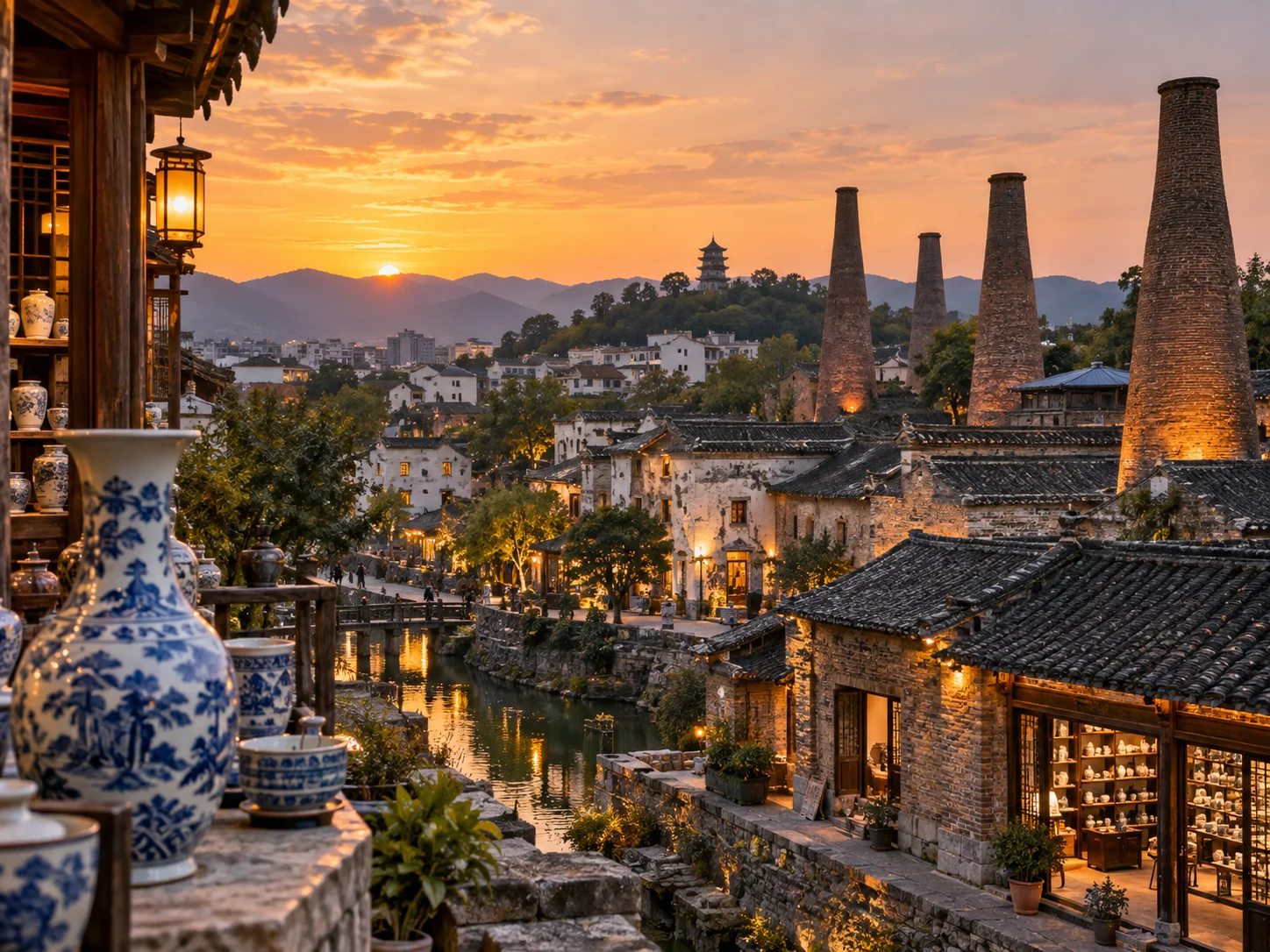 Sunset over a kiln village with red-brick chimneys rising above grey-tiled old houses