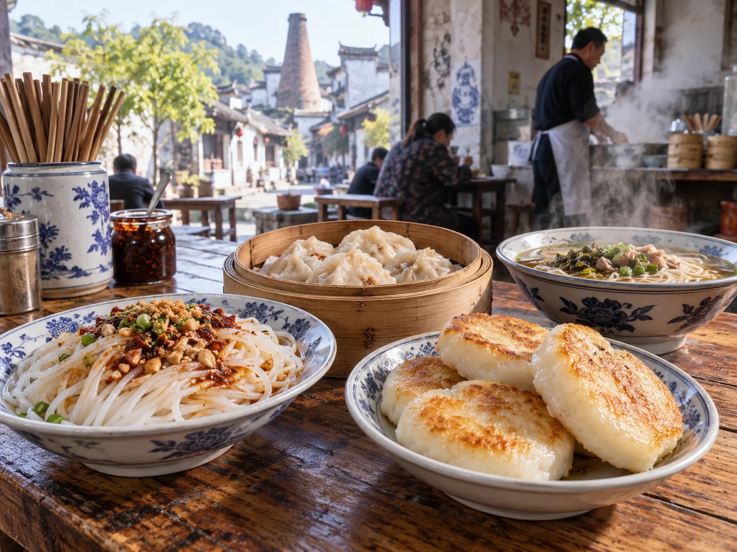 A street-side table of local foods in front of an old Jiangnan lane with white walls and a pagoda in the distance