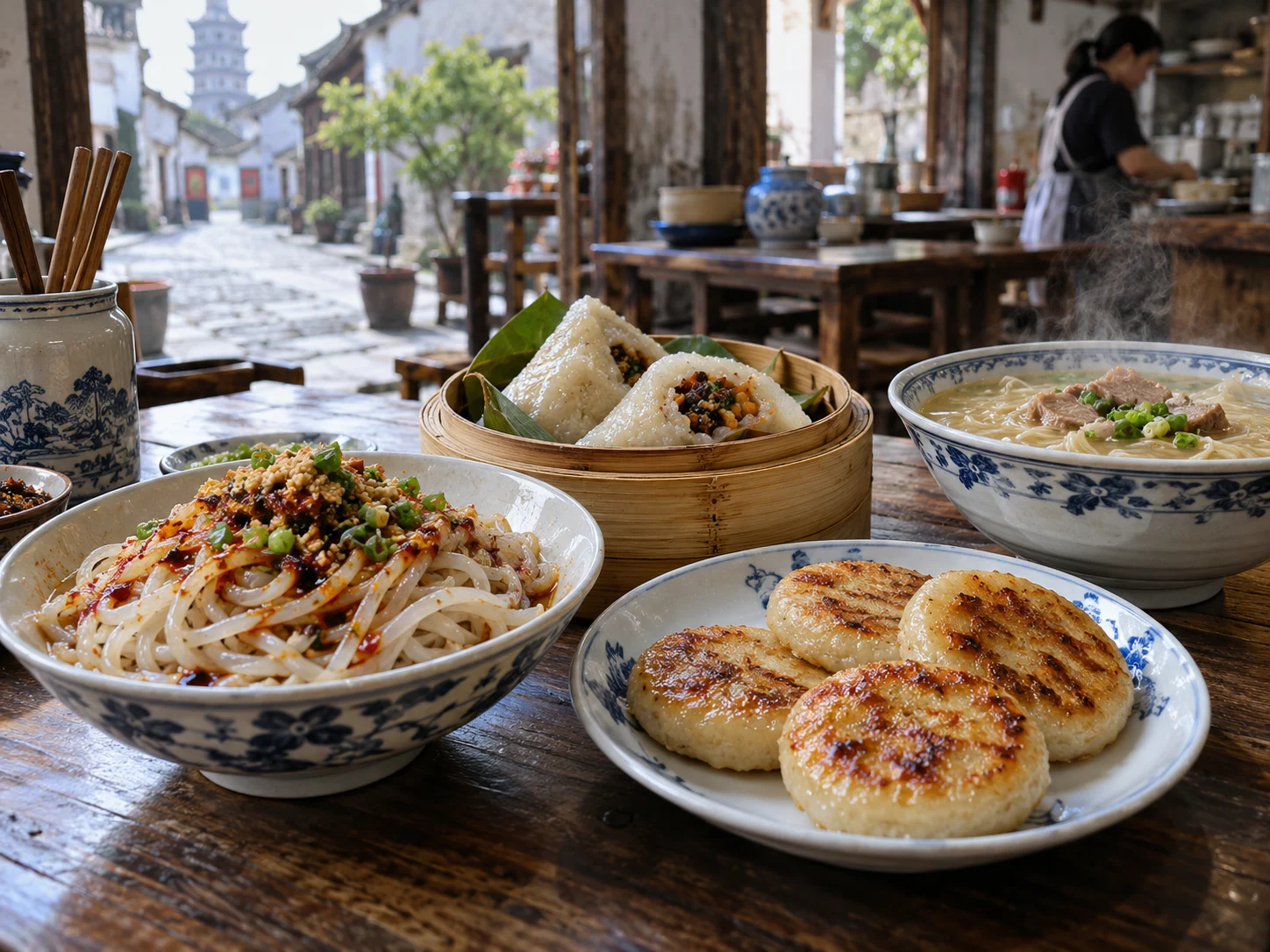 A traditional restaurant table with dressed noodles, a bamboo steamer of dumplings, soup noodles and pan-fried rice cakes