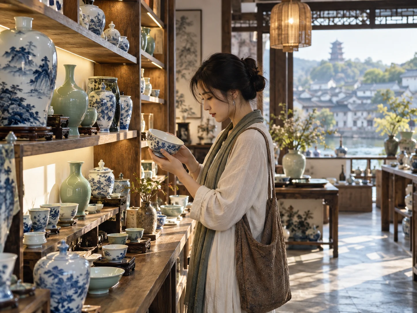 A visitor holding a blue-and-white bowl to examine it closely in a traditional porcelain shop