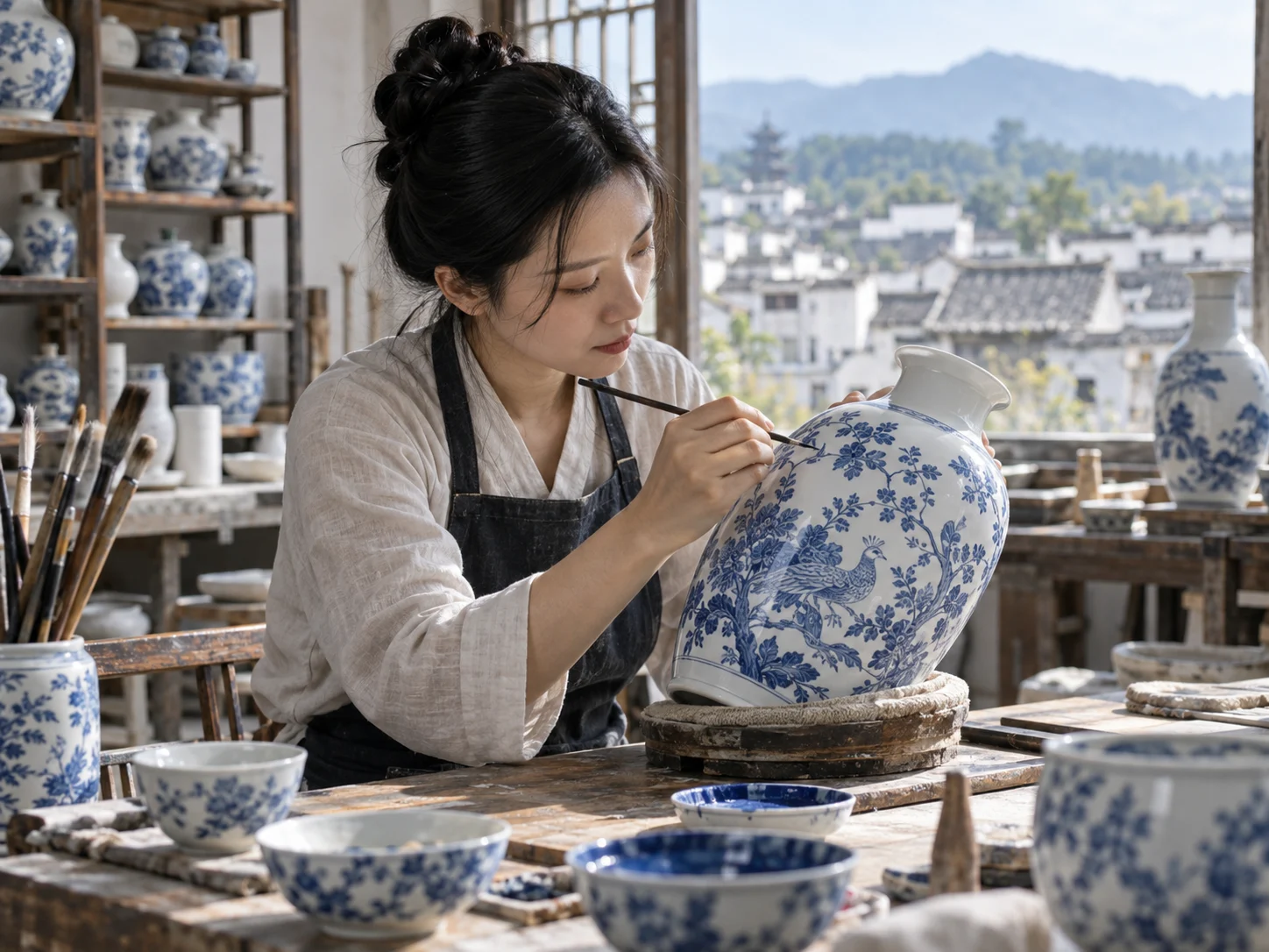 A craftswoman painting a blue-and-white floral pattern on a porcelain vase in a sunlit workshop