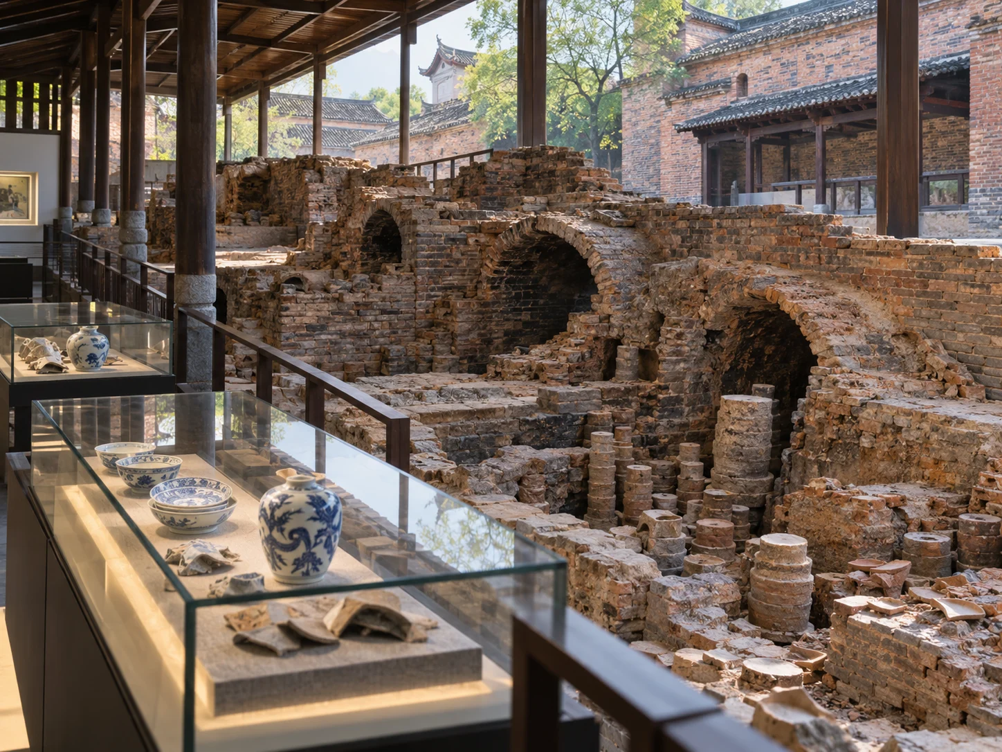 The preserved remains of an ancient brick kiln displayed with excavated porcelain and shards under a museum canopy