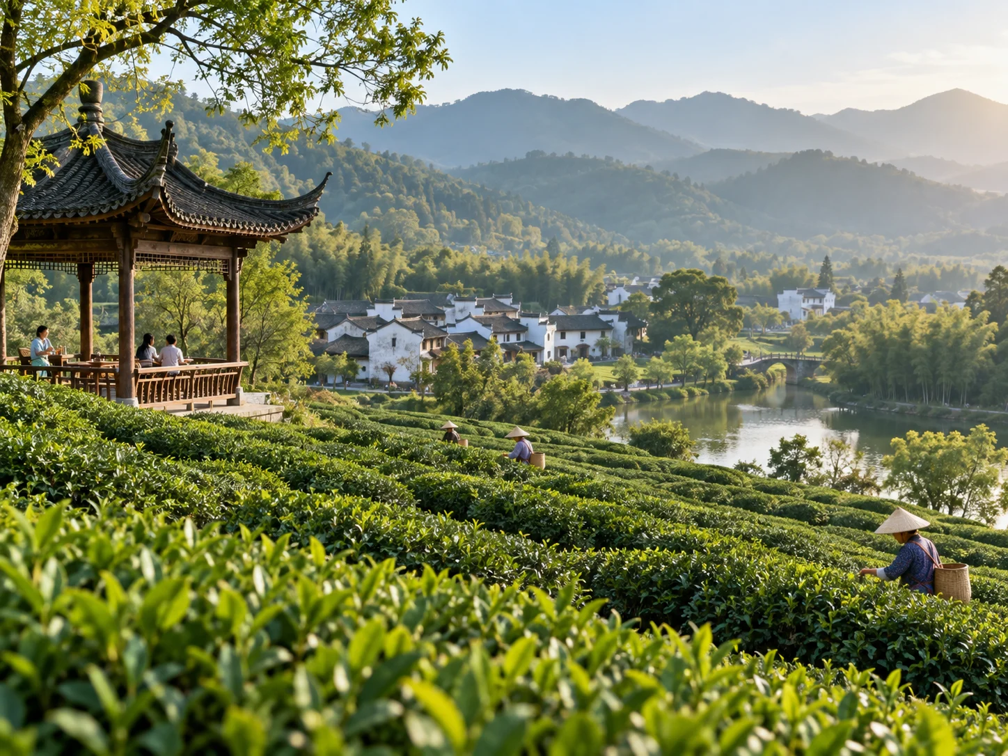 Morning light over tea terraces with a pavilion, white-walled village houses and misty hills in the Fuliang countryside
