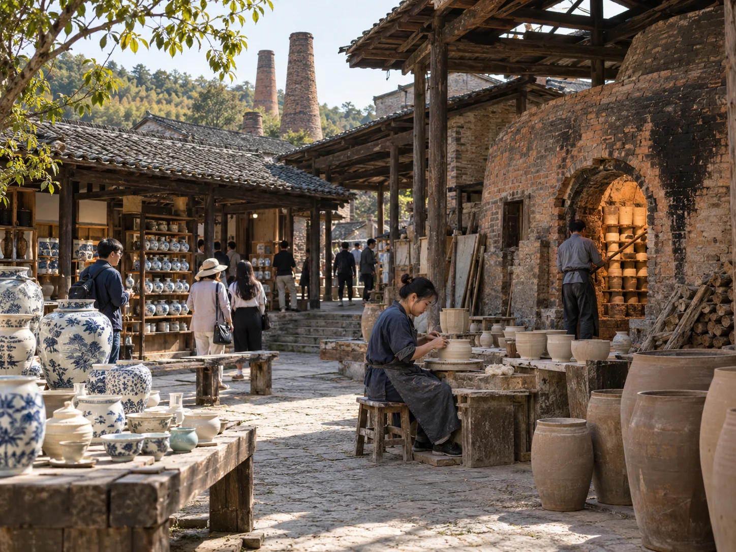 A potter throwing clay on a wheel while finished jars dry beside a traditional kiln in a folk workshop