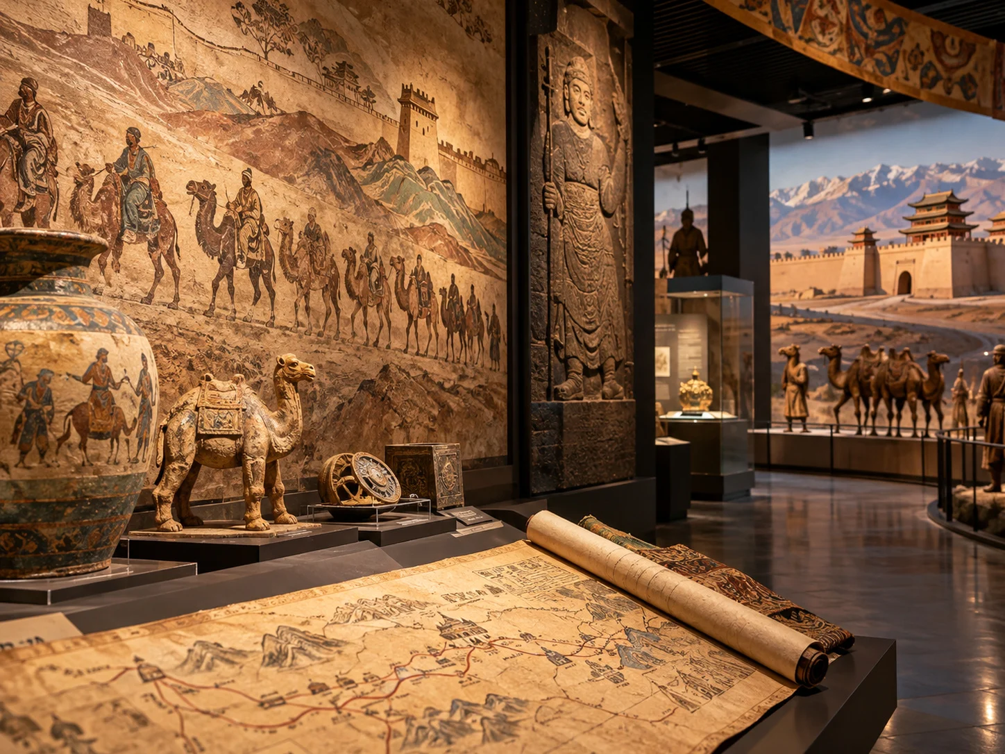 Silk Road museum hall with painted camel caravans on a mural, clay camel figurine, antique map and wall relief of a frontier soldier