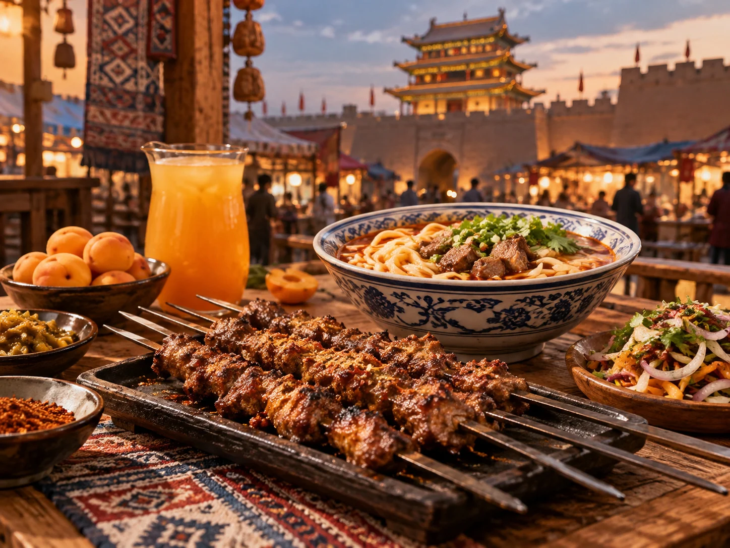 Northwest spread of grilled lamb skewers on a metal tray, beef noodle bowl, jug of apricot drink and fresh apricots on a wooden table