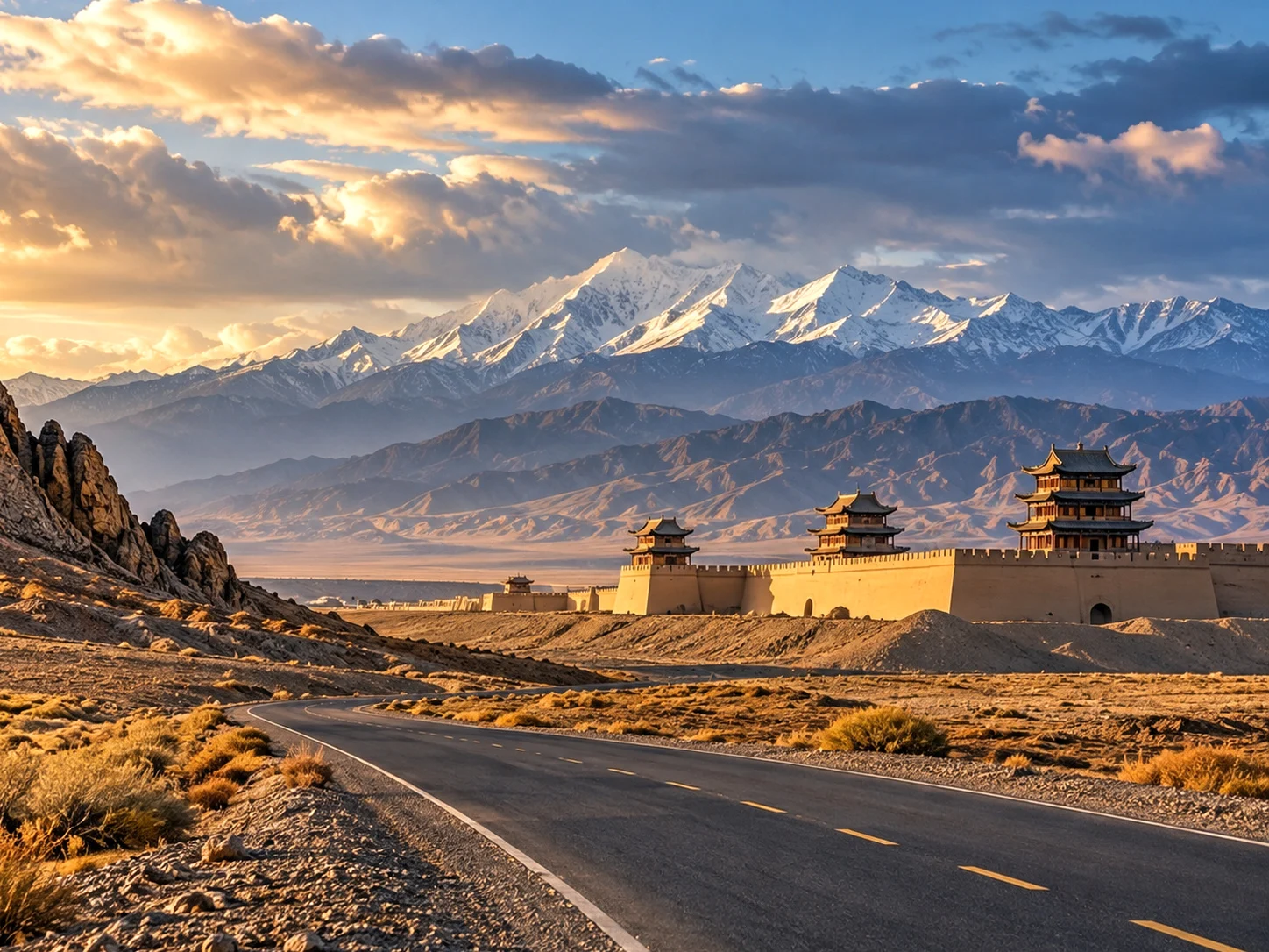 The wall of Jiayuguan fort stretching across the Gobi, with snow-capped Qilian Mountains behind and an empty desert road running toward the gate
