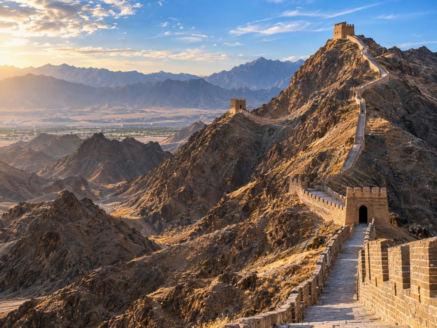 Overhanging Great Wall snaking along a bare rocky ridge, beacon tower on the summit, Gobi plains spreading below