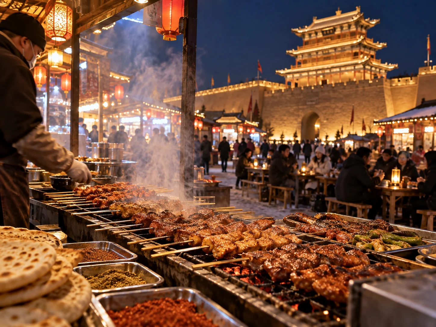 Evening night-market grill stall in Jiayuguan, rows of lamb skewers over glowing charcoal, flatbreads and vegetables, lantern-lit gate tower behind