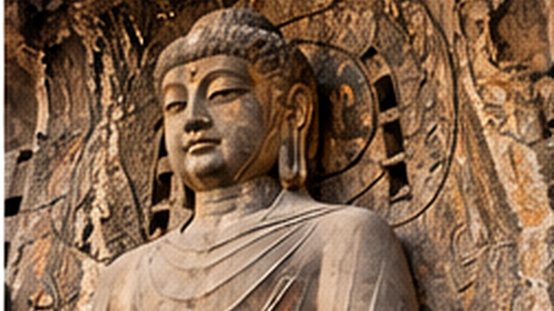 Close-up of the giant Vairocana Buddha at Longmen Grottoes, carved into the rock with a serene expression and halo
