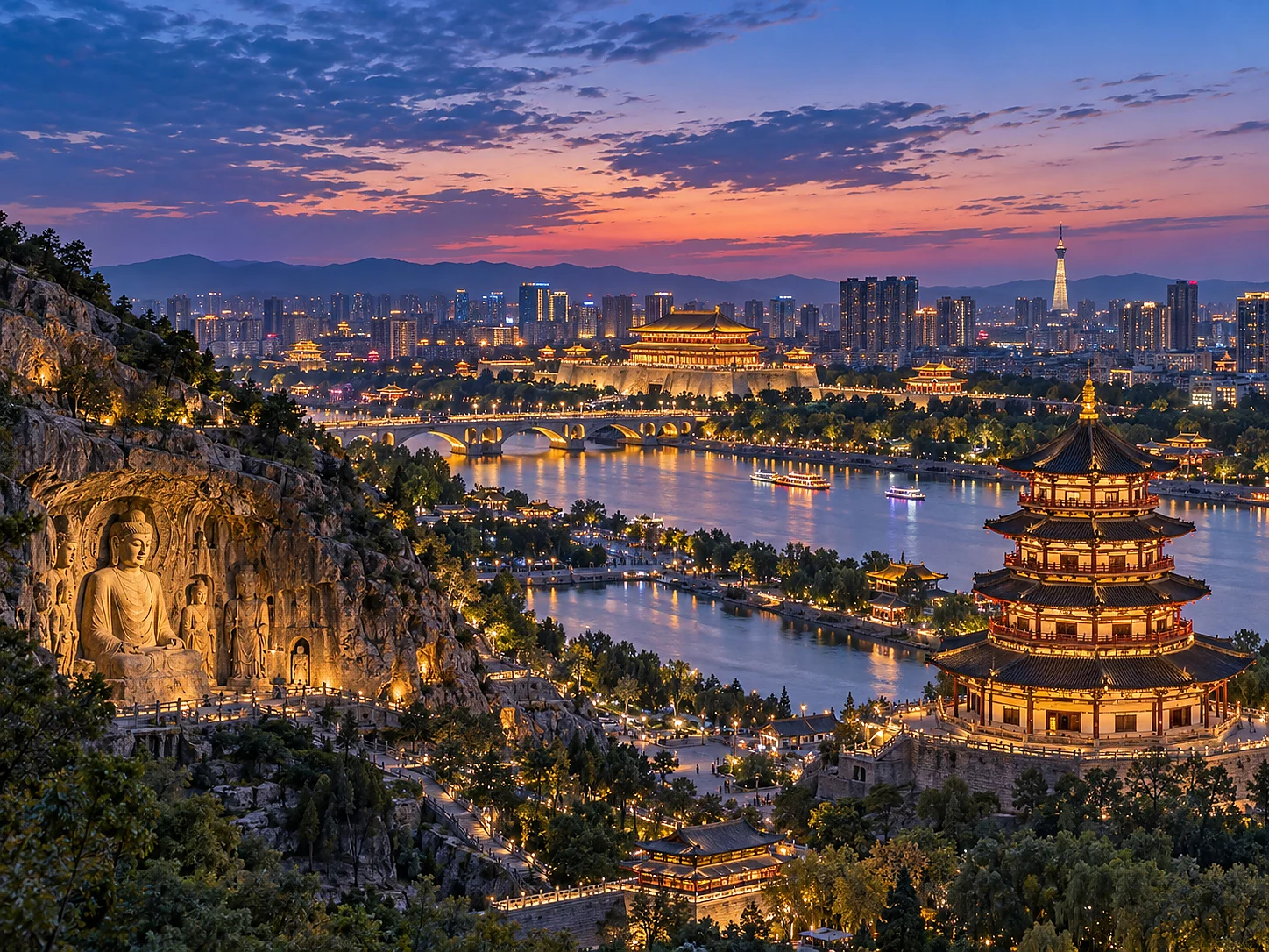 Luoyang city skyline at dusk with Longmen Grottoes, the ancient gate tower, modern buildings and the Yi River all lit up