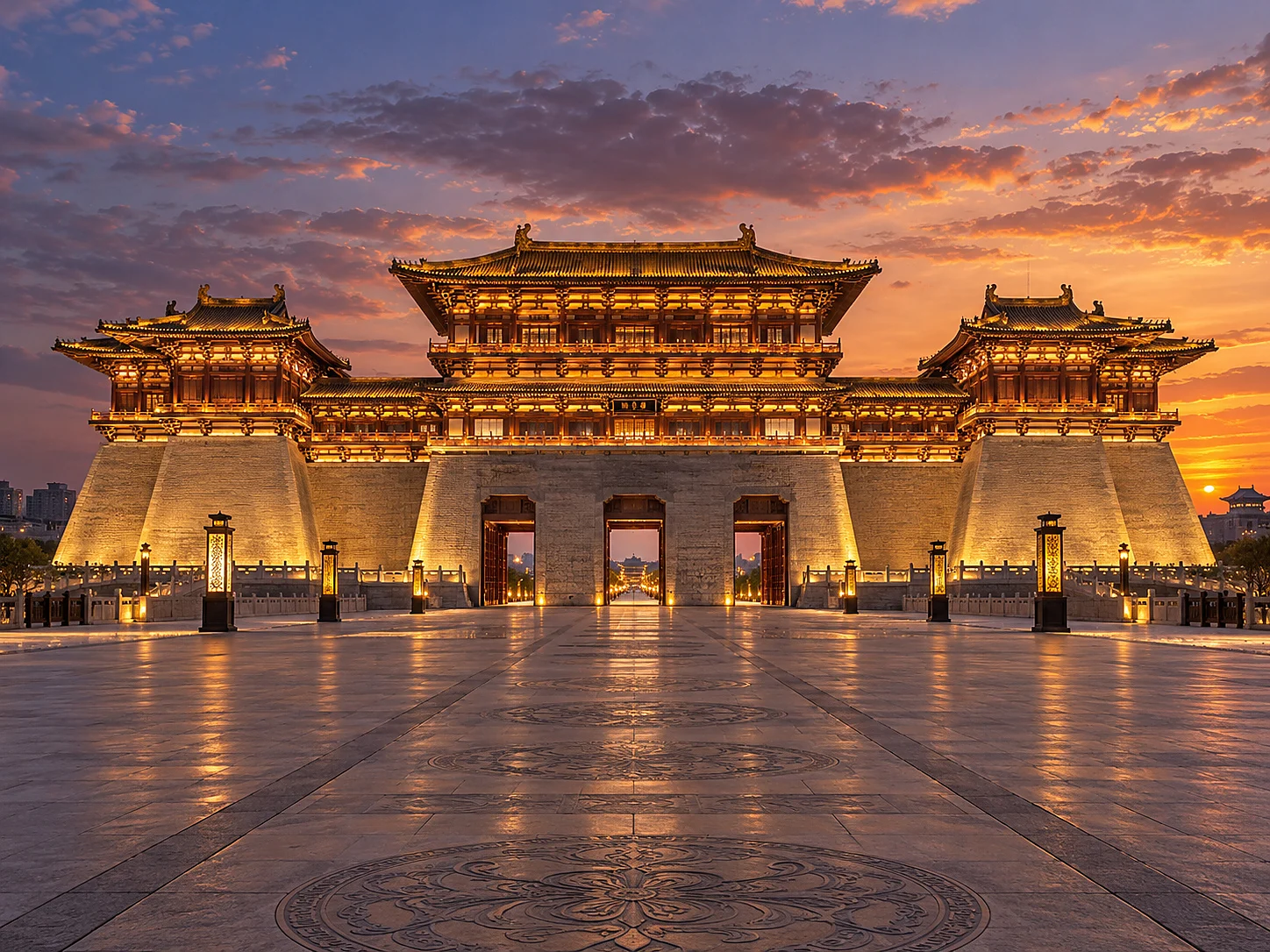Yingtian Gate of Sui-Tang Luoyang at dusk, a grand restored palace gate with golden-lit wooden halls and a vast stone plaza
