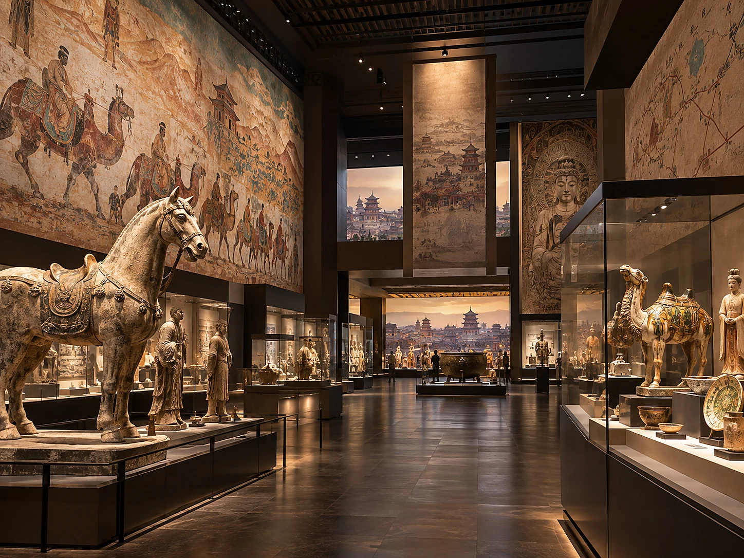 Interior of Luoyang Museum with a painted pottery horse, Silk Road murals and ancient artefacts in glass cases