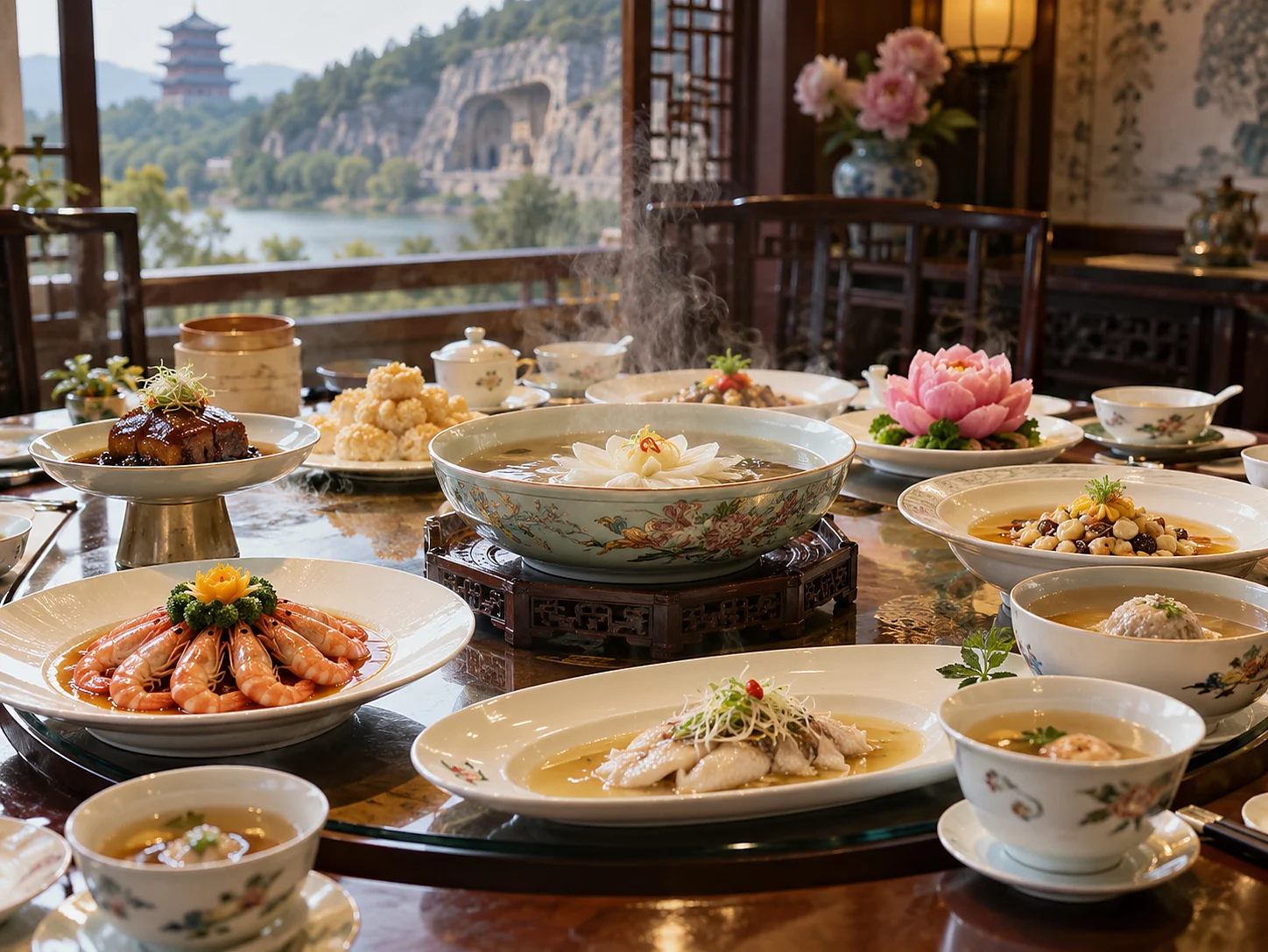 A full Luoyang water banquet spread with the peony-shaped swallow dish in a blue-and-white porcelain bowl, shrimp, braised pork and many soup dishes on a round table