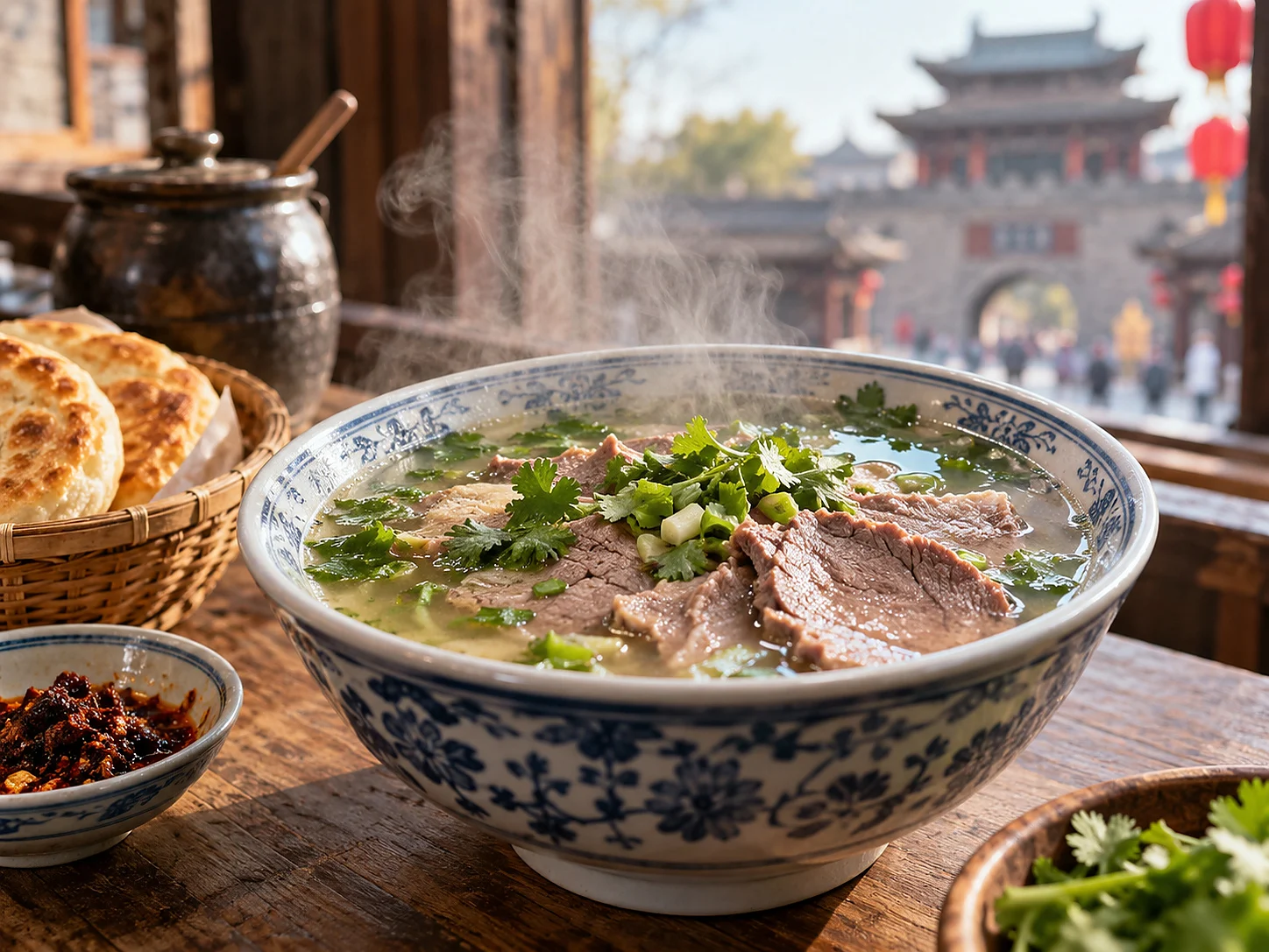 A big blue-and-white bowl of Luoyang beef soup with sliced beef, coriander and green onion, beside a basket of baked flatbread and chilli oil