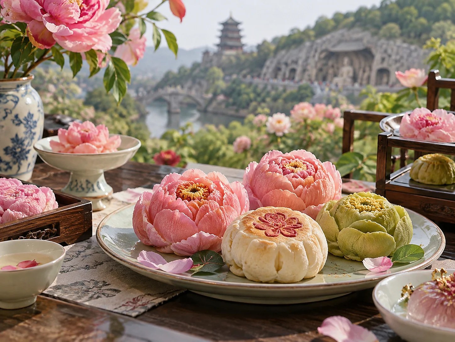 Peony-shaped pastries in pink, white and green on a porcelain plate, with fresh peony flowers in a blue-and-white vase and Longmen Grottoes visible through the window