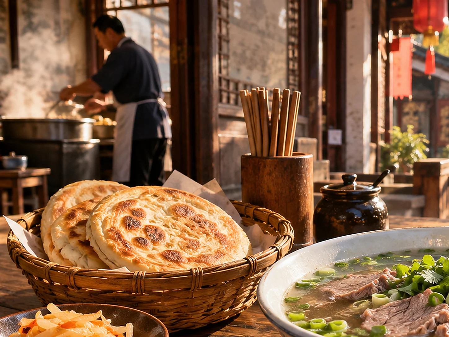 A rustic soup-house table with baked flatbread in a bamboo basket, a bowl of beef soup and pickled vegetables, with a cook working at a steaming stove in the background