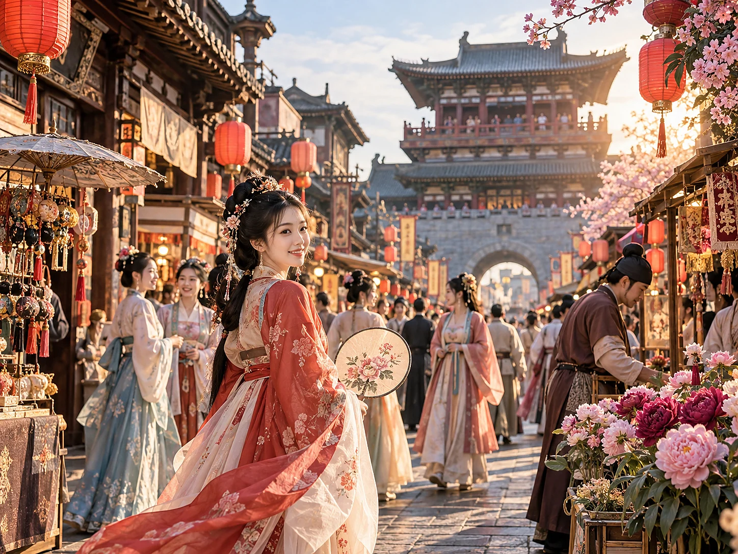 Women in elegant hanfu walking through a lantern-lit ancient street in Luoyi Old Town at dusk, with a grand city gate tower in the background