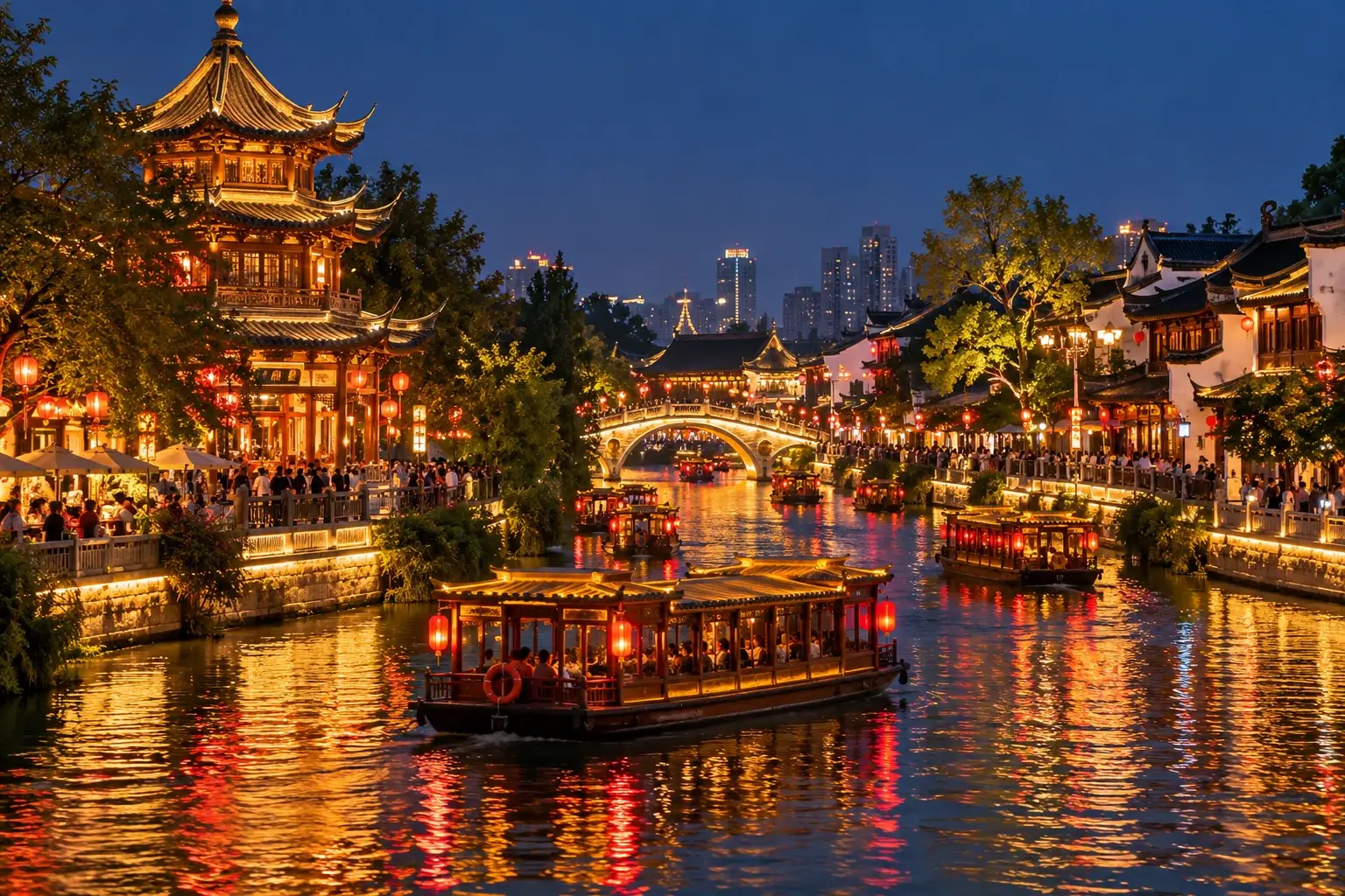 Lantern-lit pleasure boats and ancient pavilions along the Qinhuai River at night