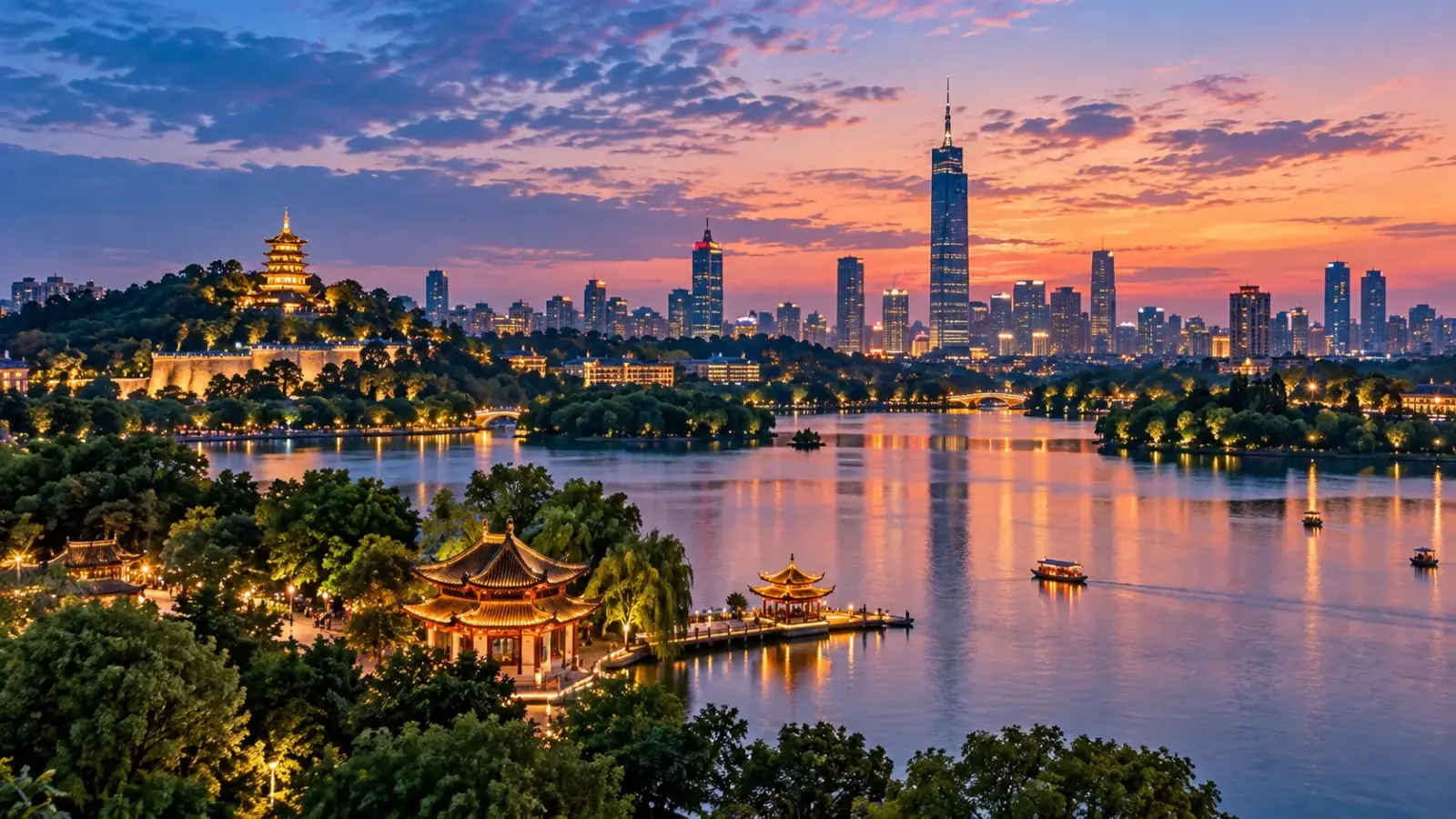 Xuanwu Lake at dusk with pavilions, boats and the modern skyline of Nanjing beyond