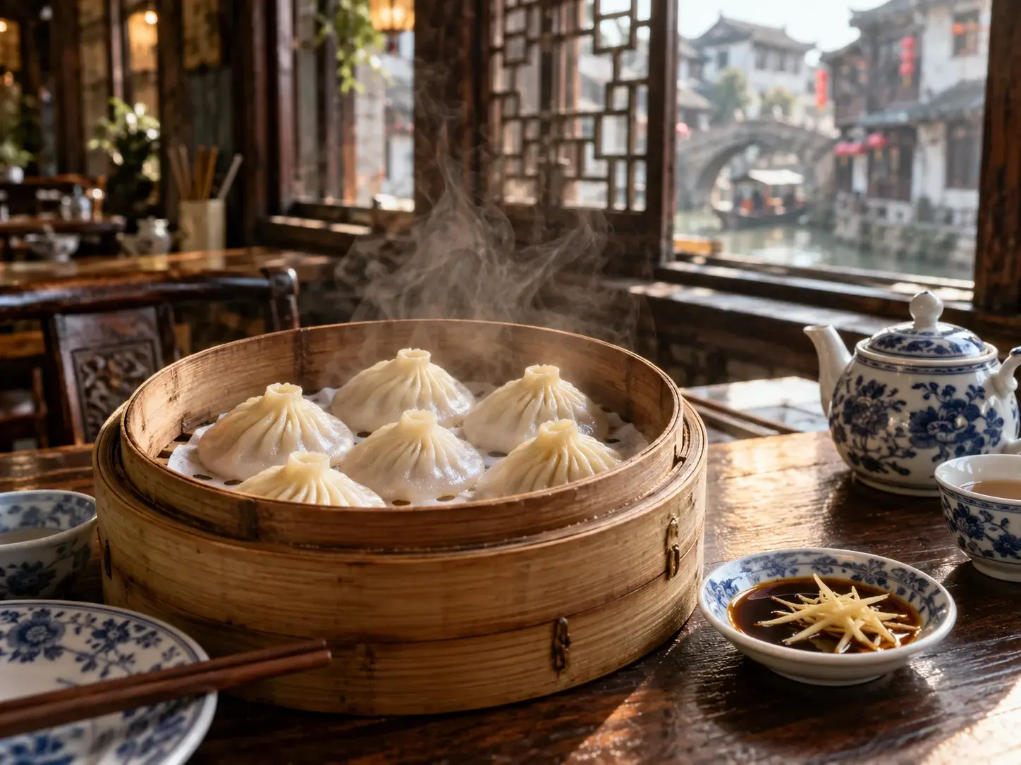Steamed soup dumplings in bamboo baskets with tea at a Jiangnan teahouse