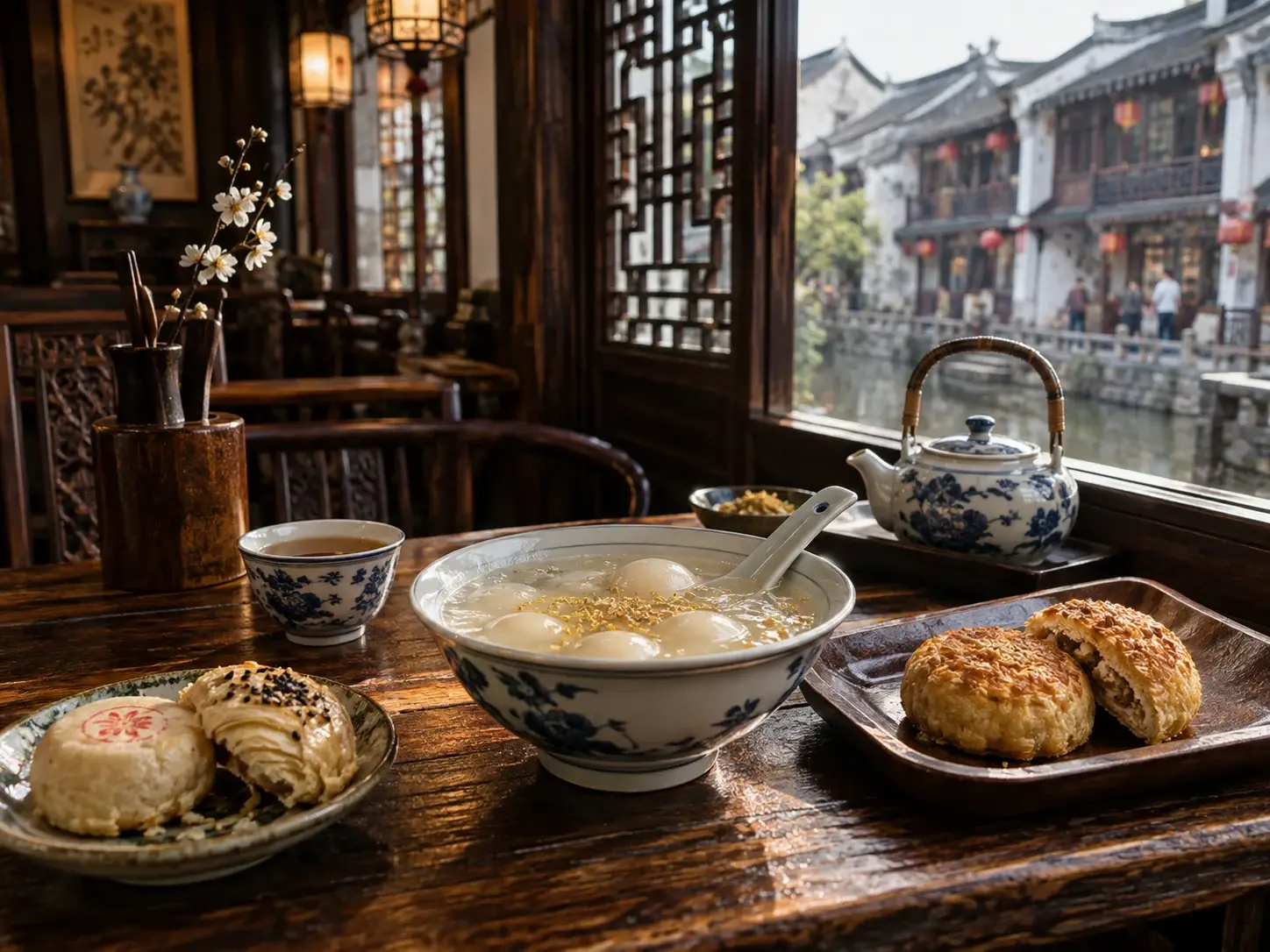 Osmanthus sweet dumplings and pastries with teaware at a Jiangnan-style teahouse