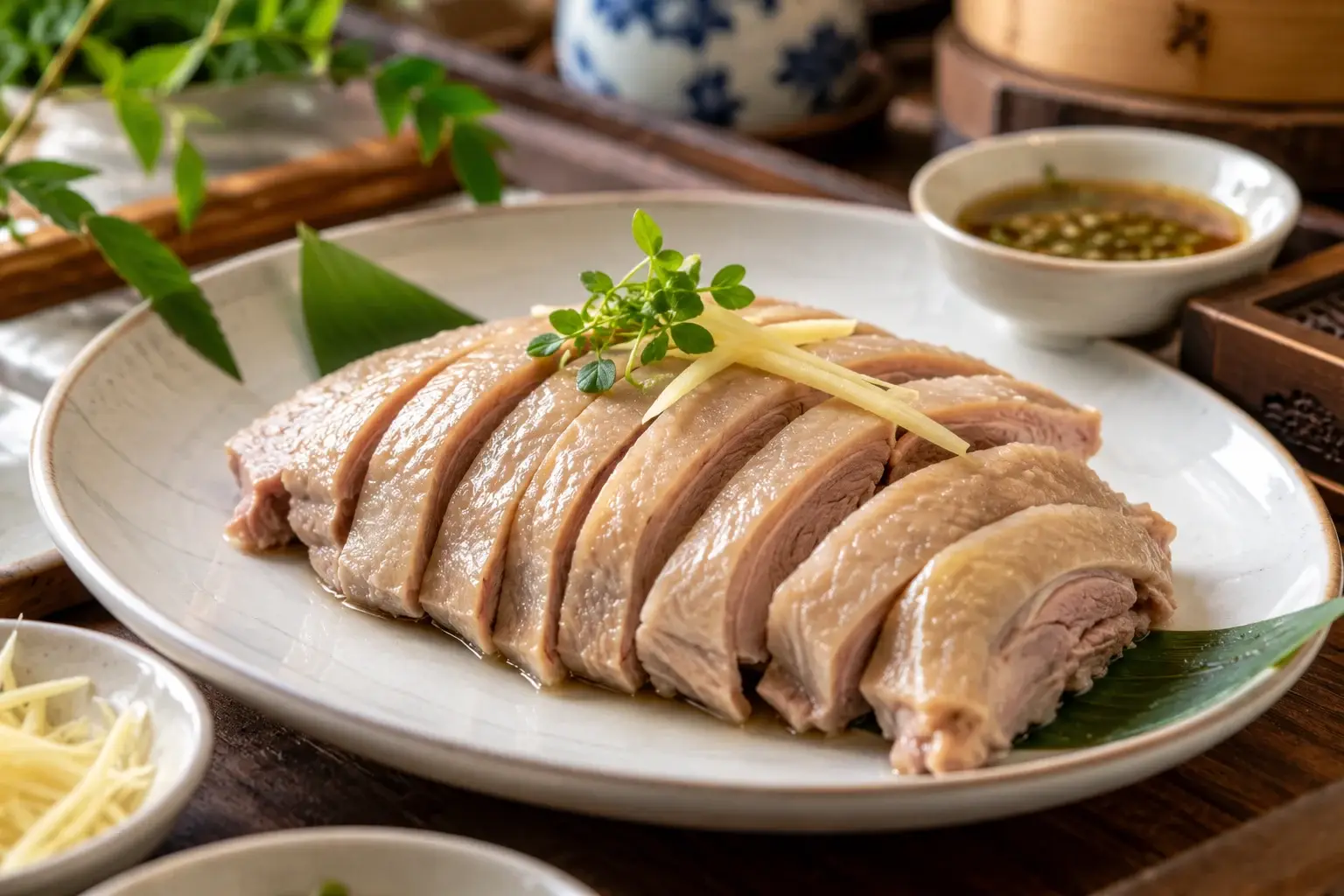 Plates of Nanjing salted duck served with dipping sauces in an elegant setting