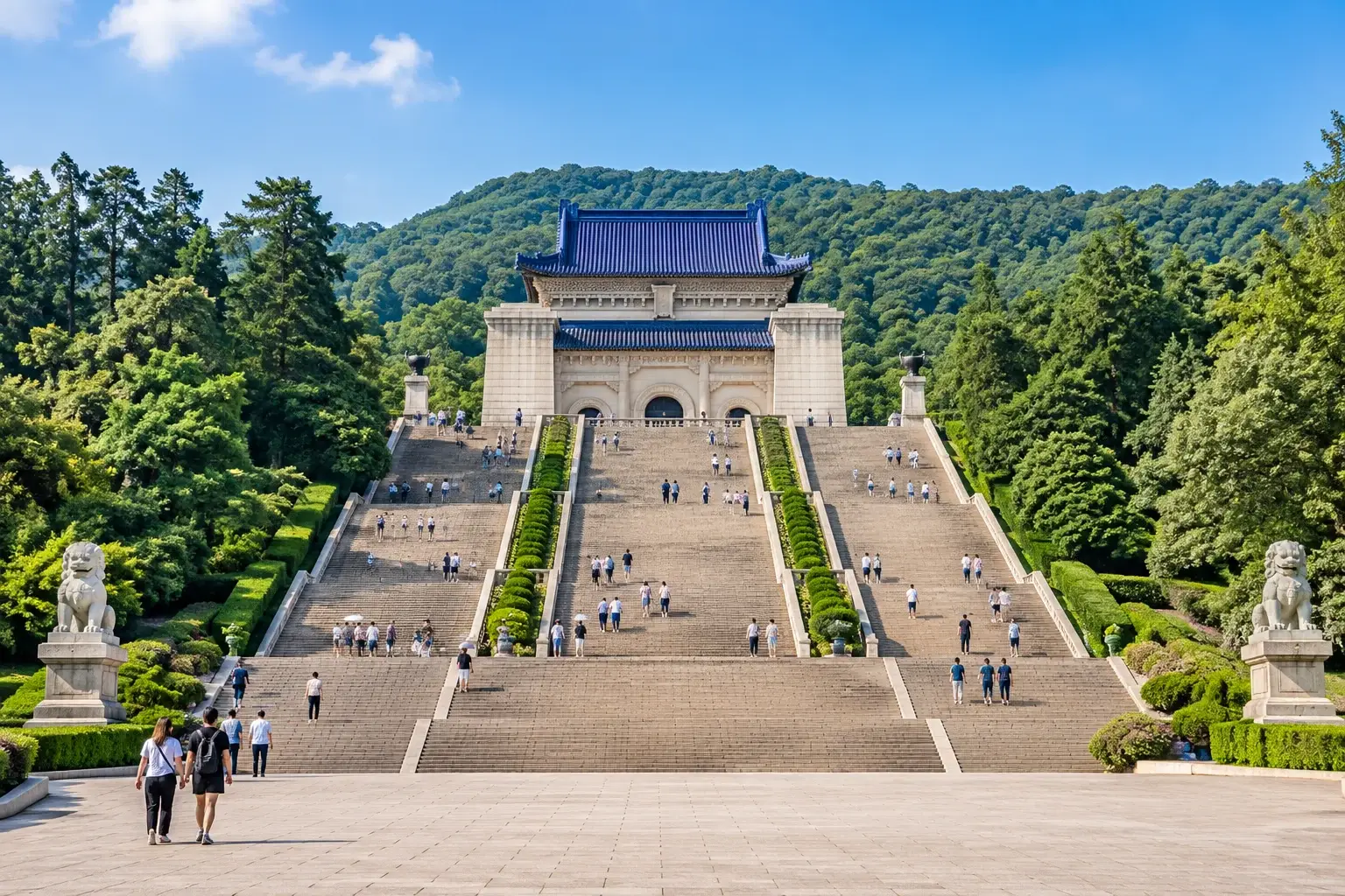 The Sun Yat-sen Mausoleum with its blue-tiled hall above long stone stairways