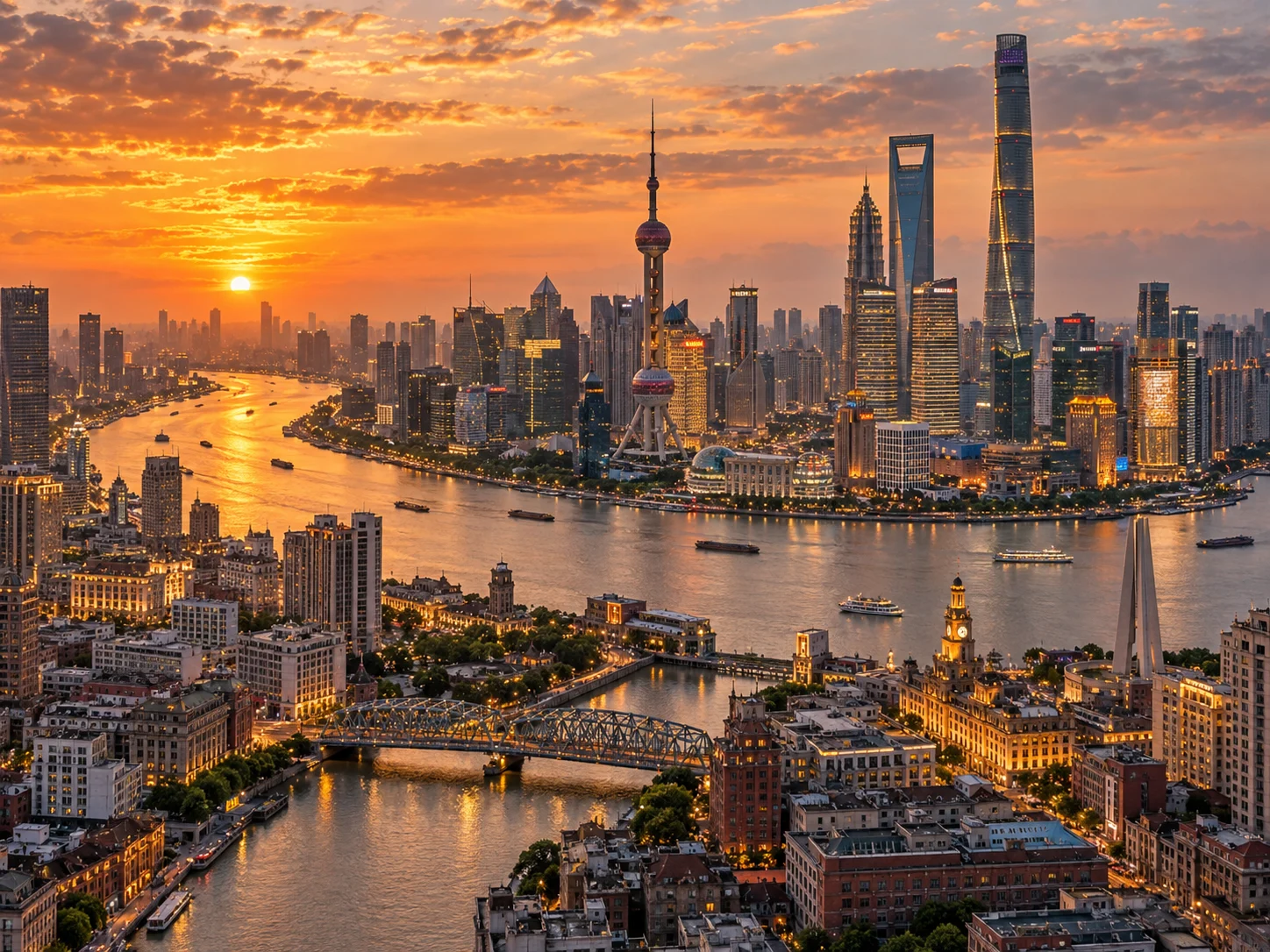 The Bund at dawn with its colonial buildings and the Lujiazui skyline across the river