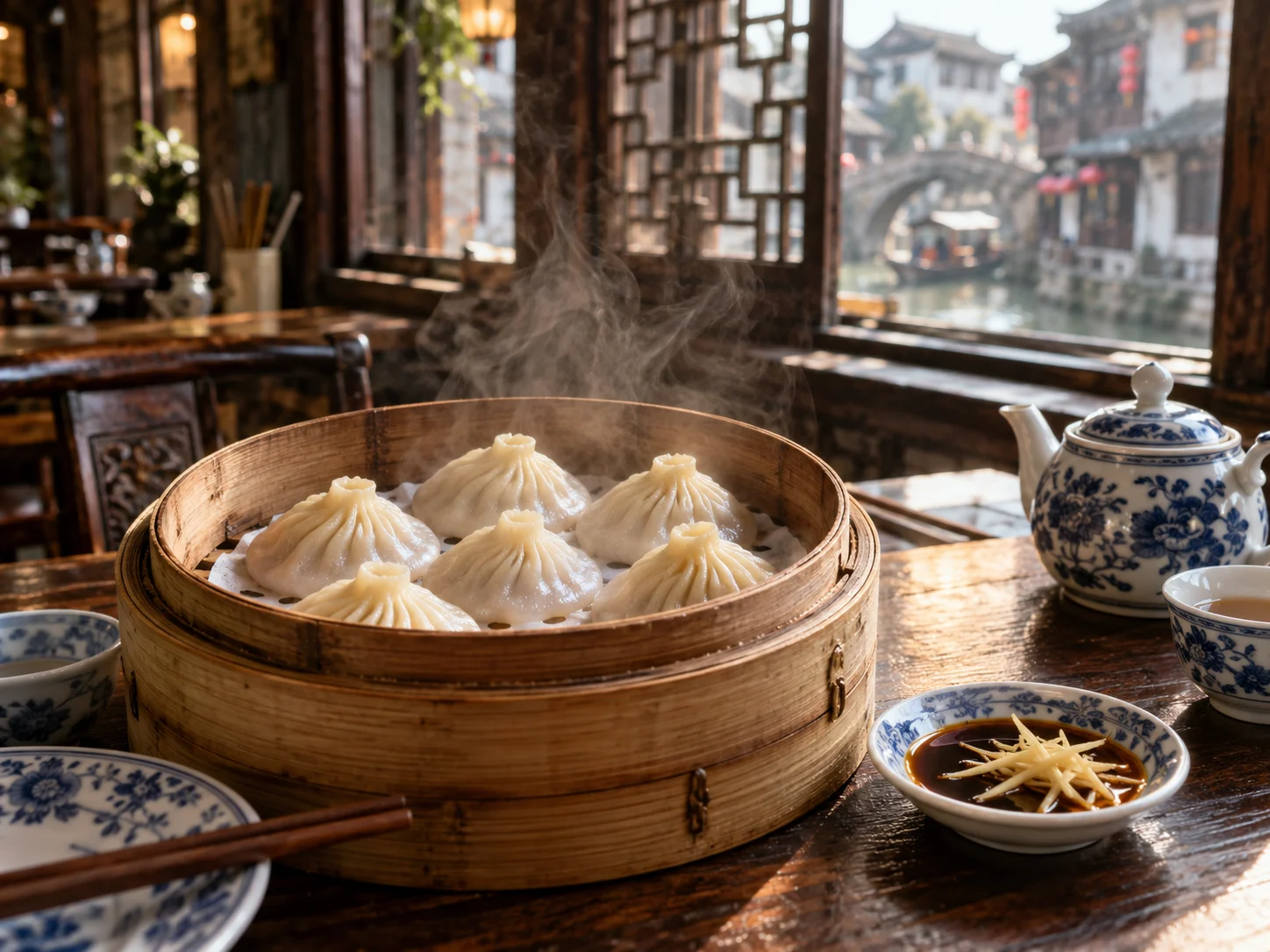 Steamed xiaolongbao in a bamboo steamer on a wooden table