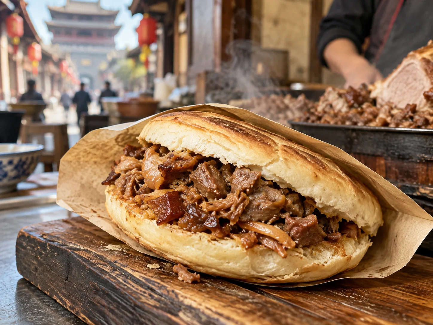 Roujiamo Chinese hamburger in a crispy bun stuffed with braised pork, on wooden board in an old Xi'an shop