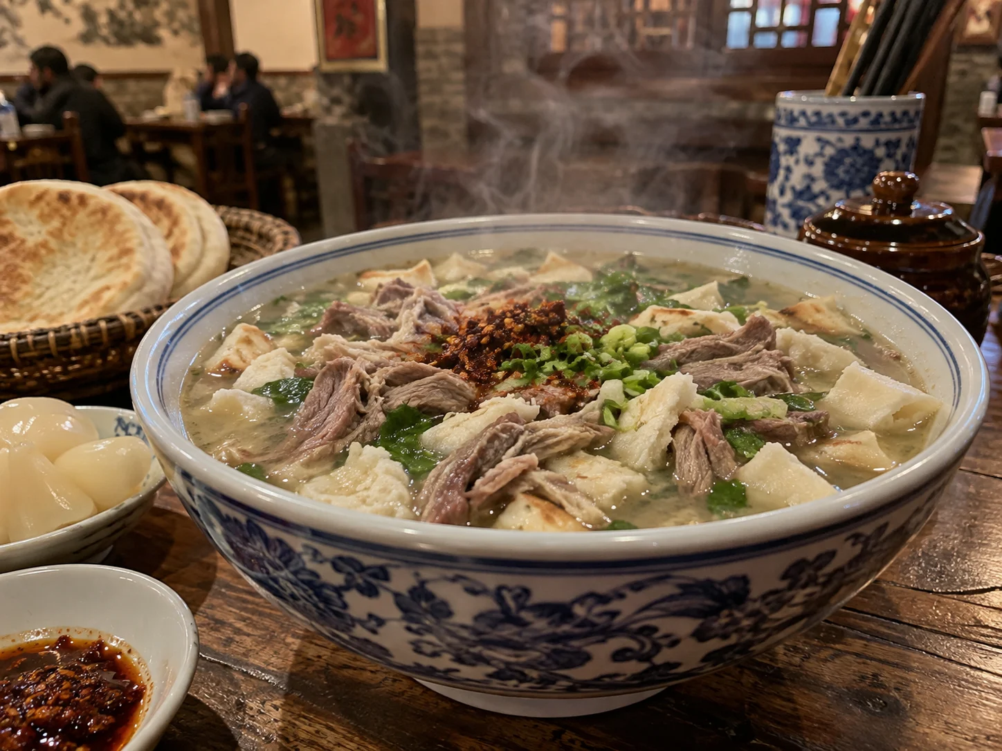Lamb paomo soup in a blue and white porcelain bowl with torn bread, mutton, spring onion and chilli oil, side of pickled garlic