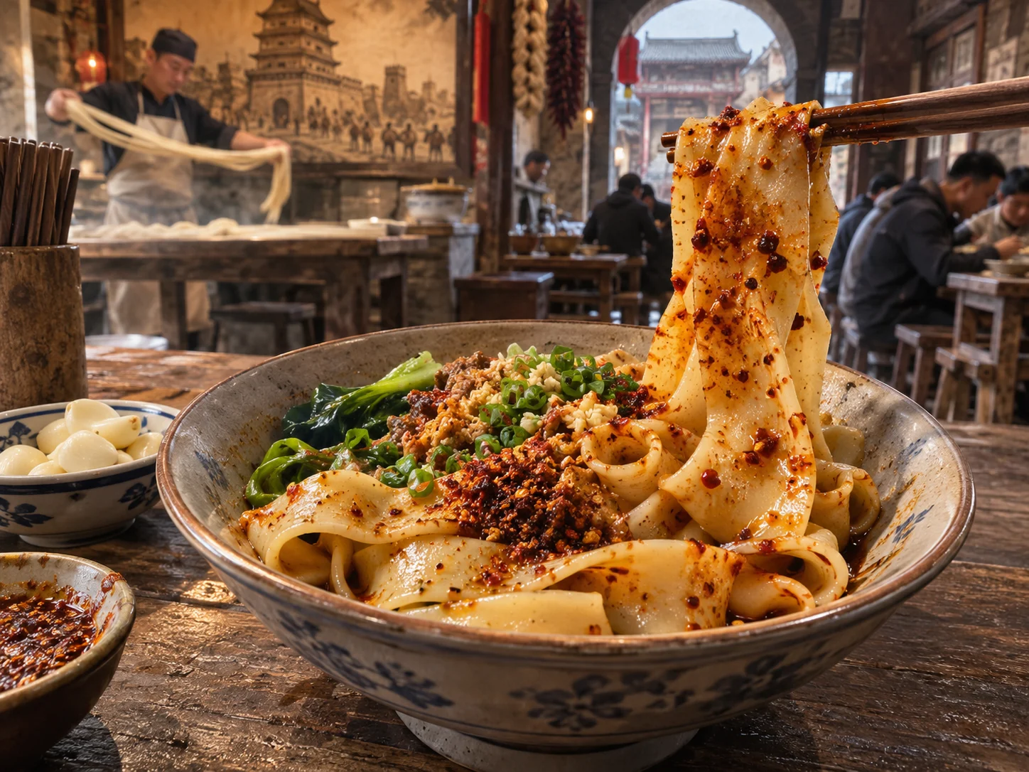 Biangbiang wide noodles lifted by chopsticks, glossy with chilli oil, garlic and spring onion in a rustic bowl