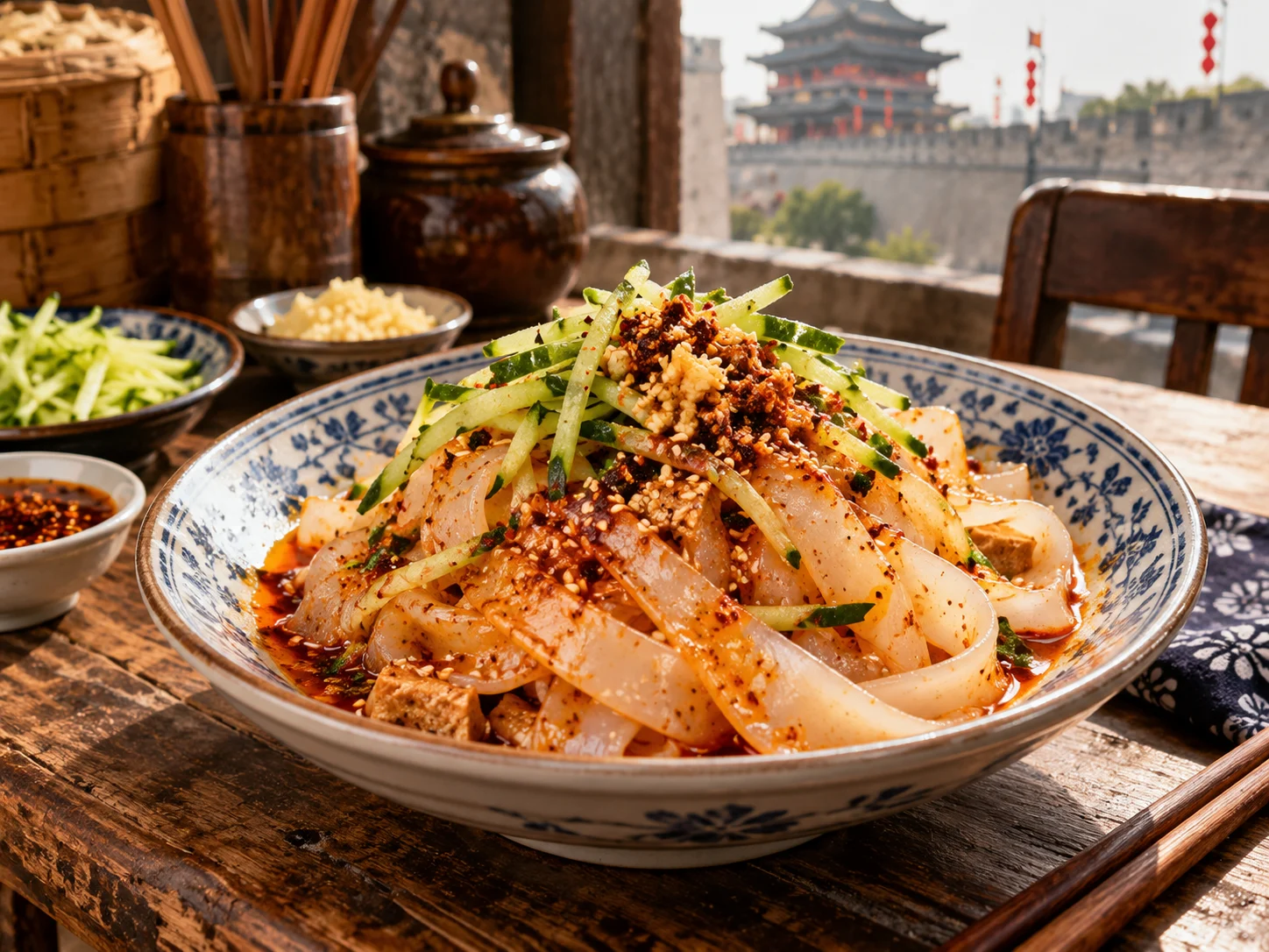 Liangpi cold wheat noodles in a blue and white bowl with cucumber, chilli oil, sesame and vinegar, ancient city wall behind
