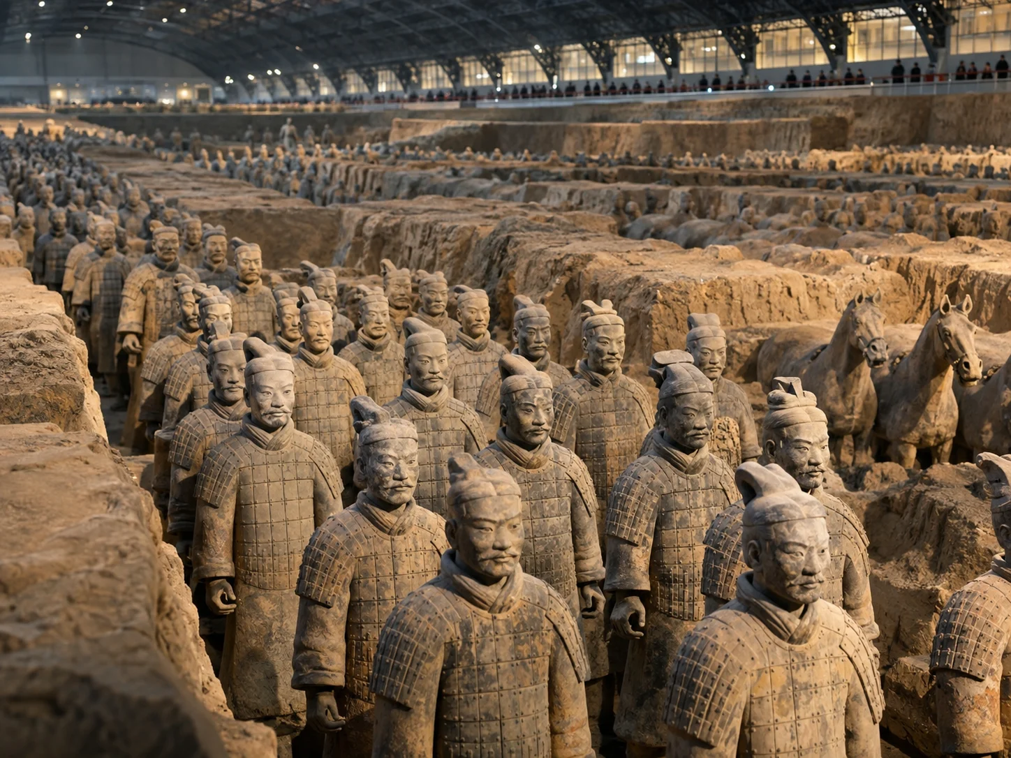 Rows of Terracotta Army warriors and horses standing in neat formation inside the excavated pit