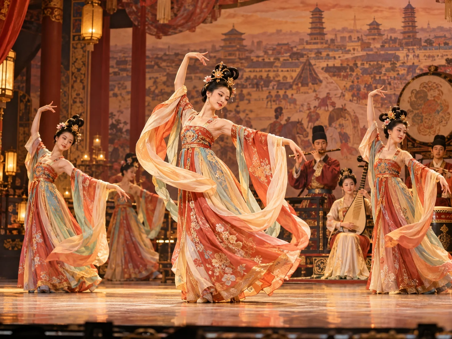 Tang dynasty court dance performance in flowing red and cream robes, musicians with pipa and bamboo flute, painted Tang-style backdrop