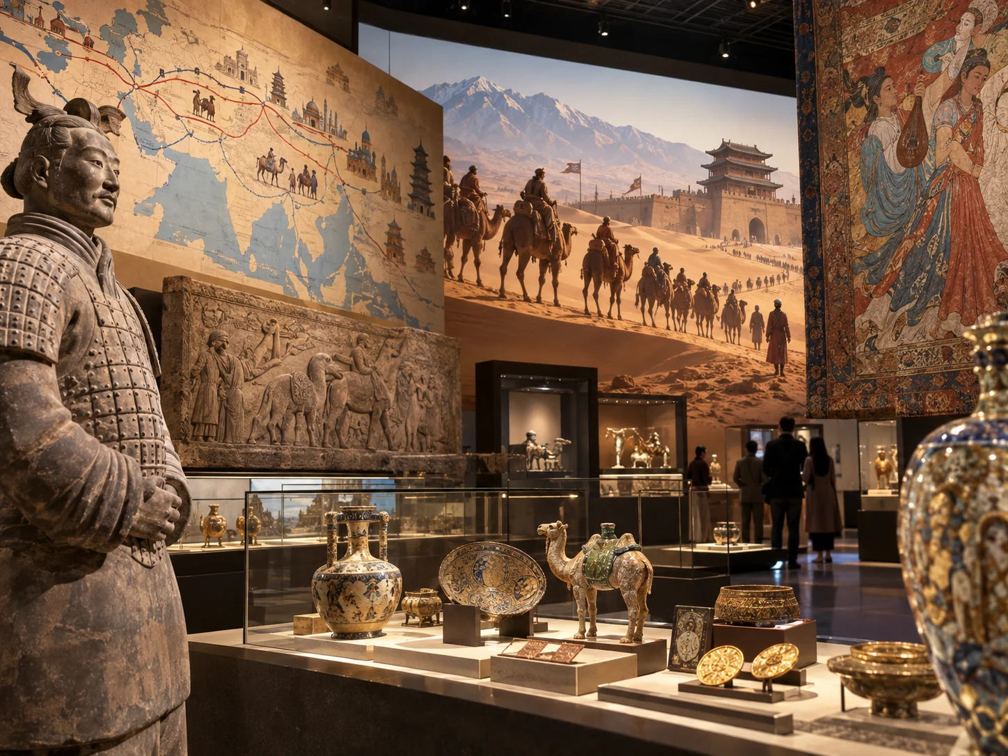 Silk Road exhibition hall with a Terracotta figure, a wall map of the Silk Road, camel caravans and Tang artefacts in glass cases