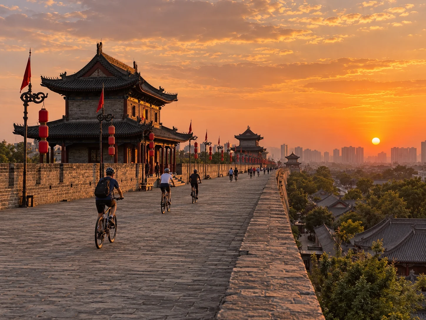Cyclists riding along Xi'an City Wall at golden sunset, ancient gate tower with red lanterns on the left and the old city spreading below