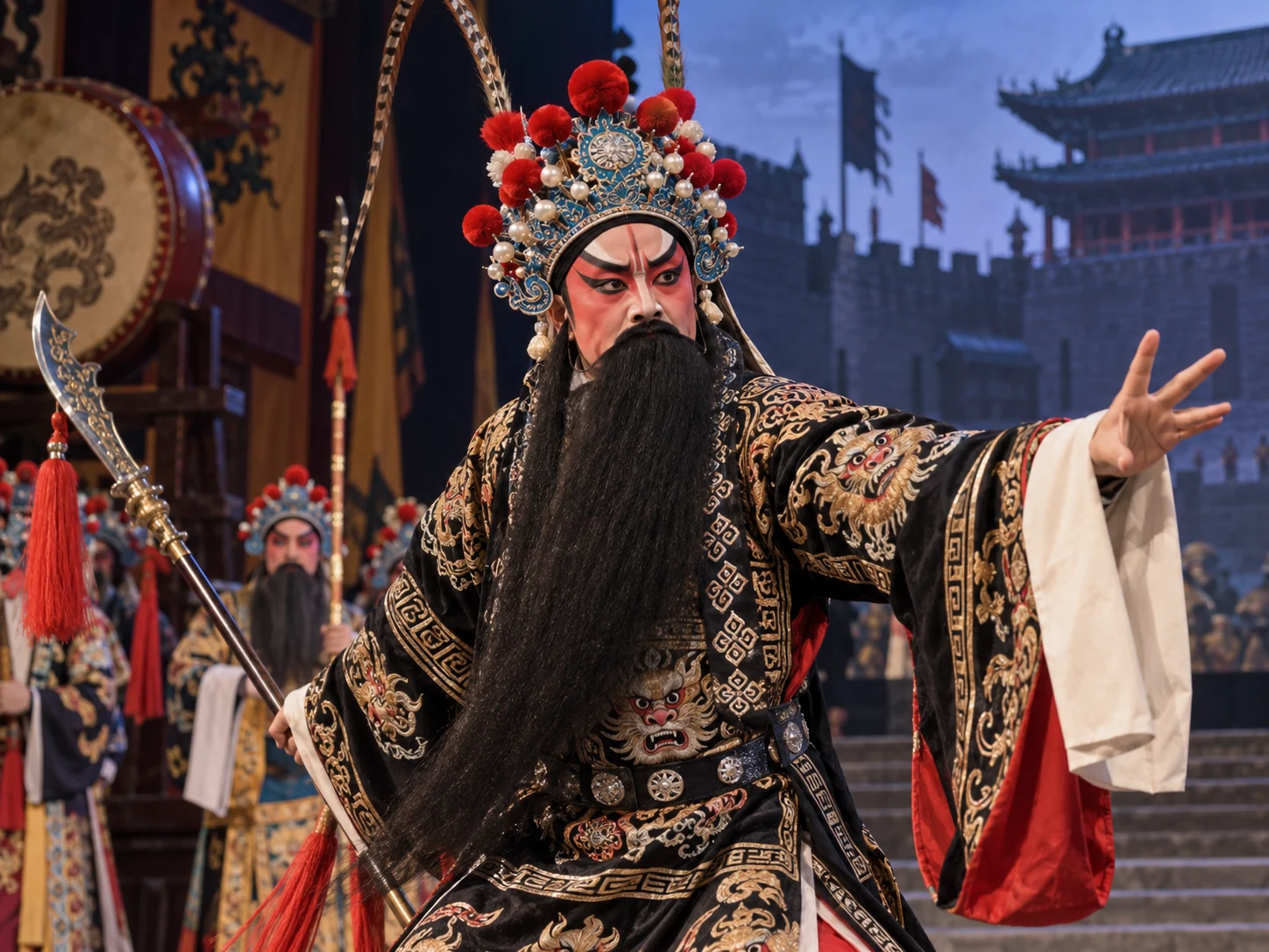 Qinqiang opera performer in black embroidered costume and long beard, with a ceremonial pole-axe and painted stage backdrop