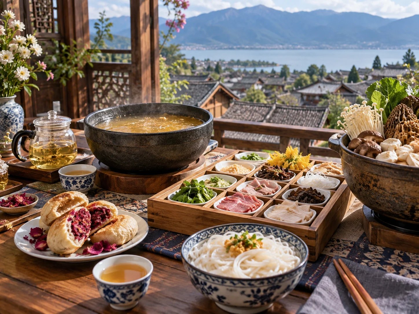 A table of crossing-the-bridge rice noodles with a steaming stone pot of broth, mushroom dishes, small bowls of toppings and a rose-flower pastry
