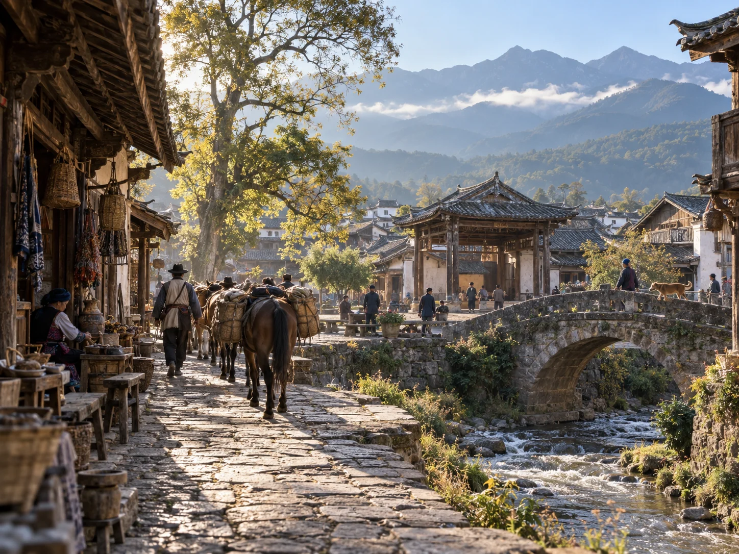 Horses loaded with goods crossing a stone-arched bridge in a tea-horse road village, misty mountains behind