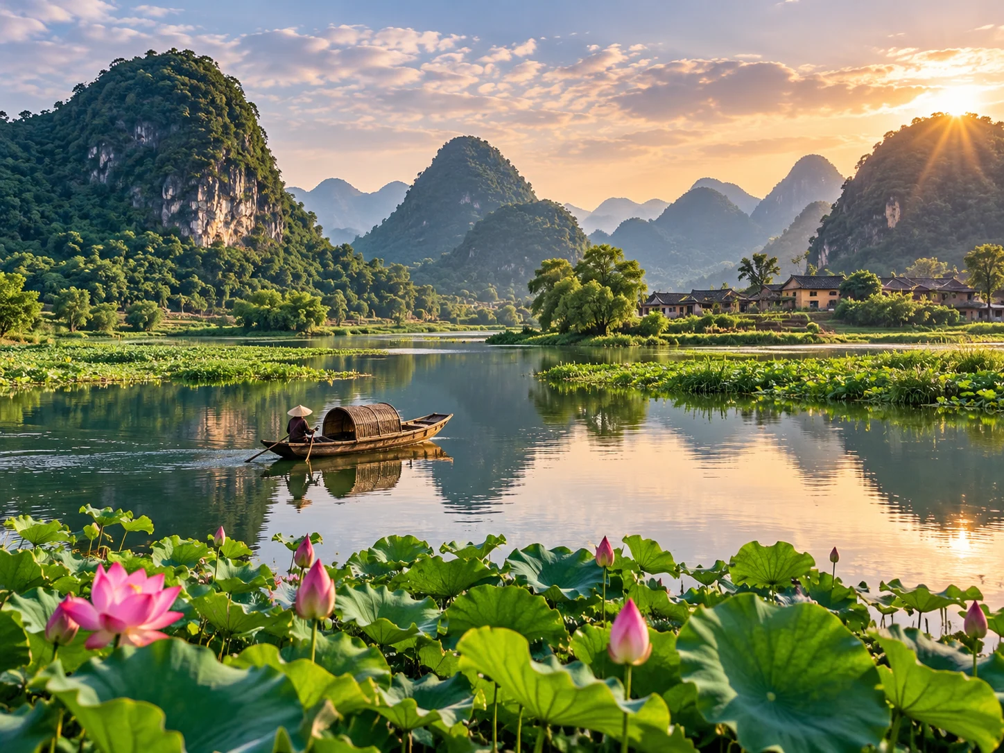A small wooden boat gliding across lotus-covered water beneath limestone peaks in the Puzhehei karst landscape