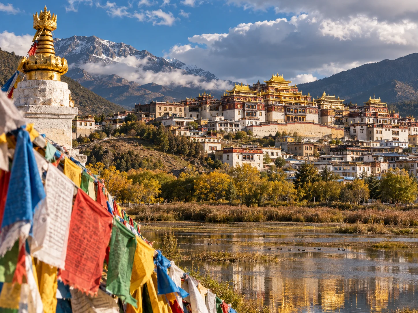 The golden roofs of Songzanlin Monastery with prayer flags and a still lake beneath snow-covered mountains