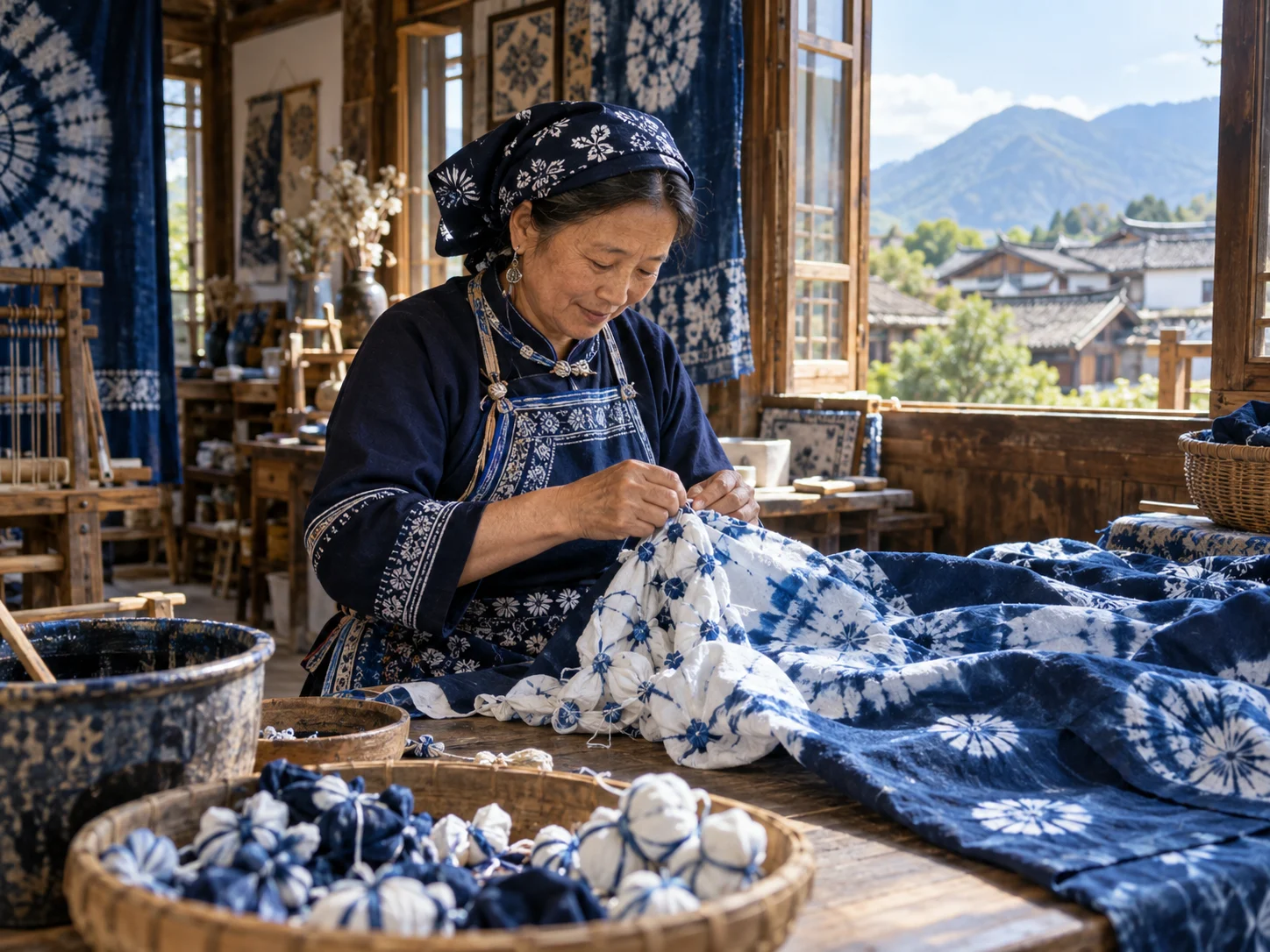 A Bai craftswoman in traditional indigo clothing working with tie-dyed cloth in a sunlit workshop with dye vats
