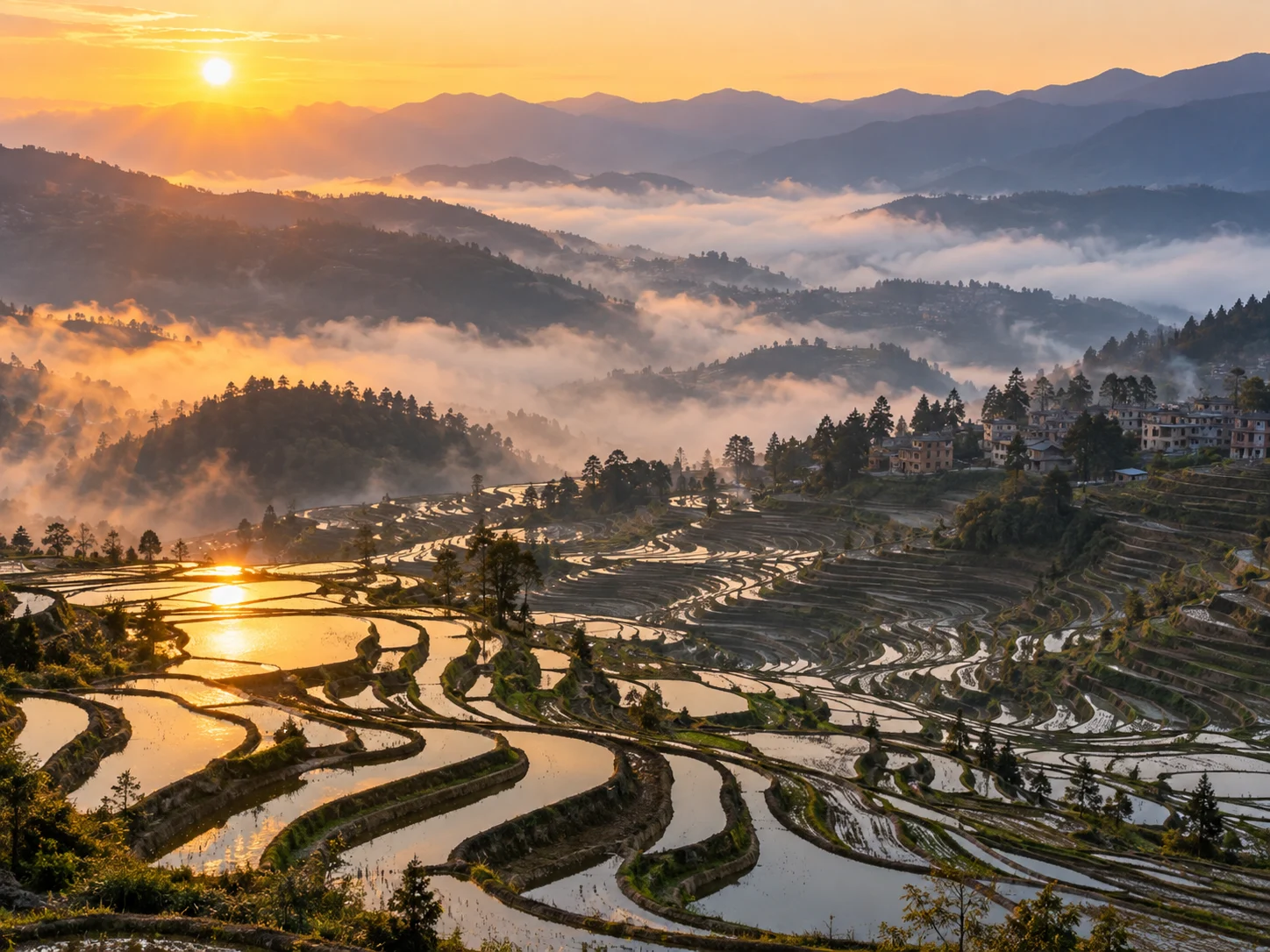 Sunrise light and seas of cloud over the layered water-filled rice terraces of Yuanyang, with a Hani village on the ridge